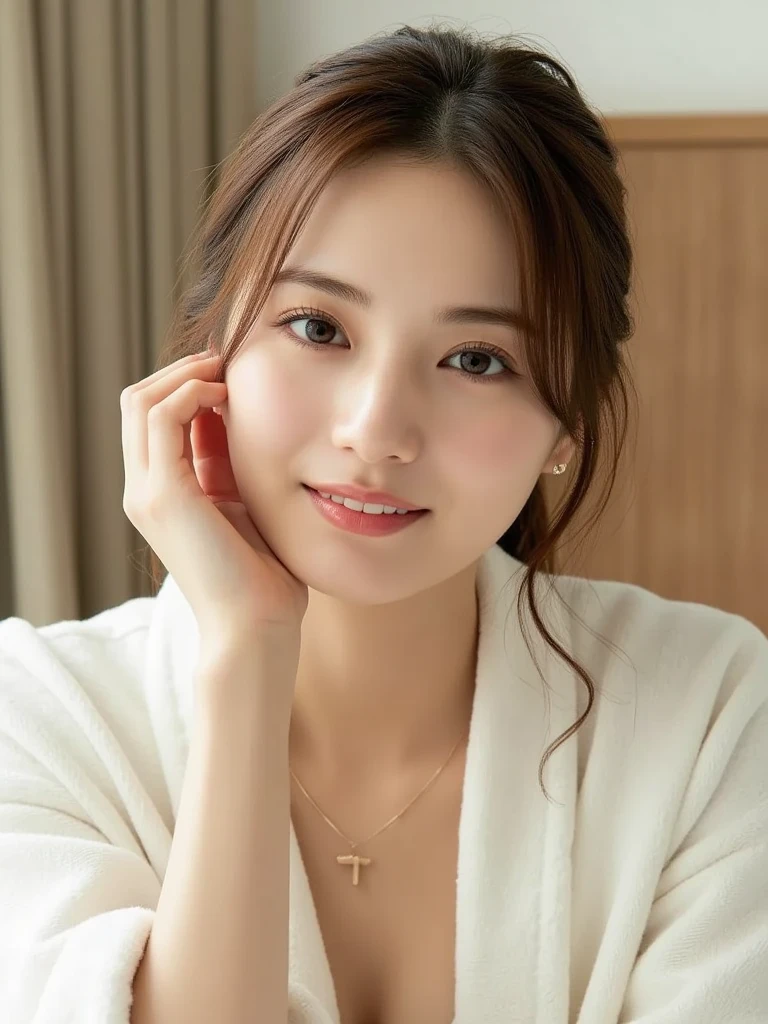 (Raw Photo), (Photorealsitic), (Masterpiece), (Best Quality), High Resolution, 8K, (Intricate Details), (Voluminous Light), Portrait, Female, 35 Years Old, Medium Hair, Straight Hair, medium breasts, Emphasize cleavage, layered hair, brown hair, very fine eyes, source order, very fine eyebrows, very fine skin, very fine mouth, very fine nose, cute like an idol, happy smile, (thick lips), (looking at the viewer), (elegant blouse), shot above the knee,