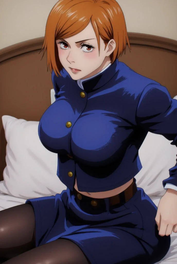 ((maximum quality, 8K, work of art: 1.3, ultra HD, high qualiy, best qualityer, High definition, 真实感)), sharp focus: 1.5, Nobara kugisaki model with muscular body, orange eyes, Mole under the outer edge of the eye, orange short hair, breasts small, Abdomen, arm muscle, Shirt buttons open showing breast cleavage, Open mini skirt, visible abdomen, Sexy and seductive pose in bed, thighs wide open