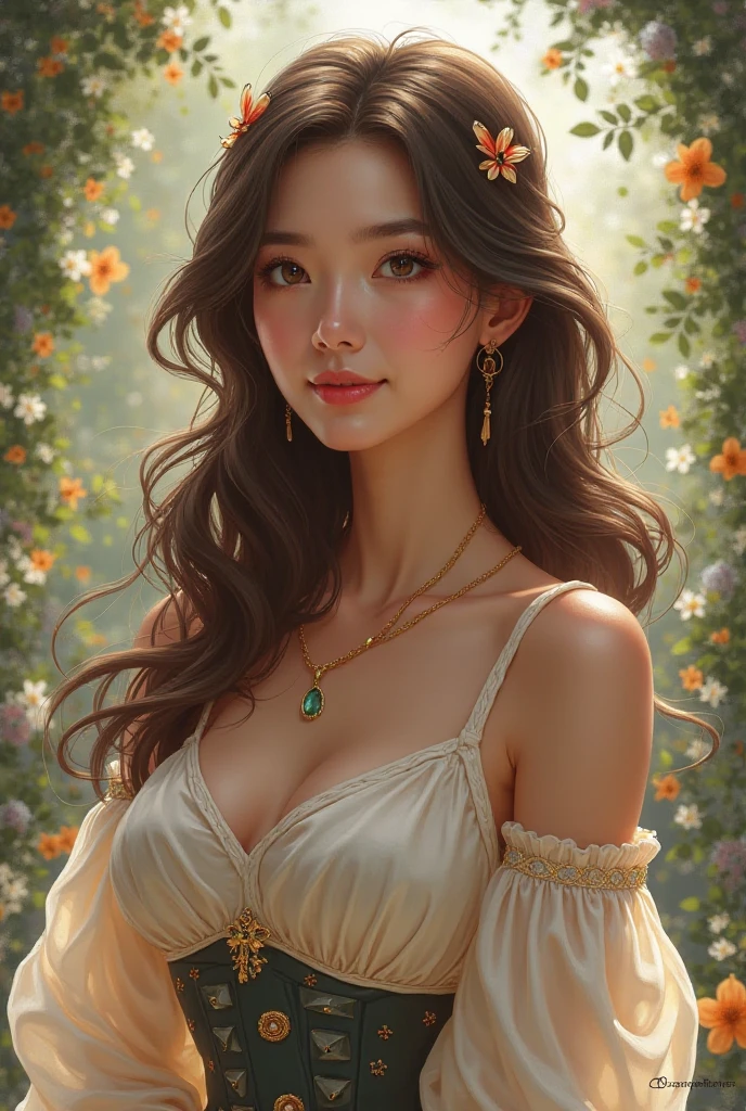 Ultra detailed anime art style (upper body illustration of a gorgeous Goddess wearing soft colored robes), very detailed face, rosy lips and cheeks, (art nouveau merged with anime), billowing, metallic accents, fantasy, traditional art, bloom, lush, innocent, whimsical, art deco, best resolution, best quality, insane amount of details,