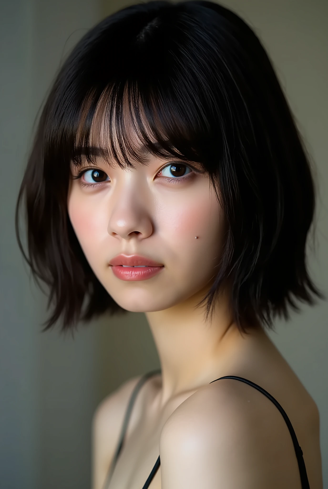 (( Best Quality )), ((masterpiece)), ( details), First-person perspective ,1 girl, sexy,( Bring Your Face Closer ),((mouth wide open )),((Big Breasts, underwear, Short Bob Hair)), black hair , (( without makeup, small eyes))