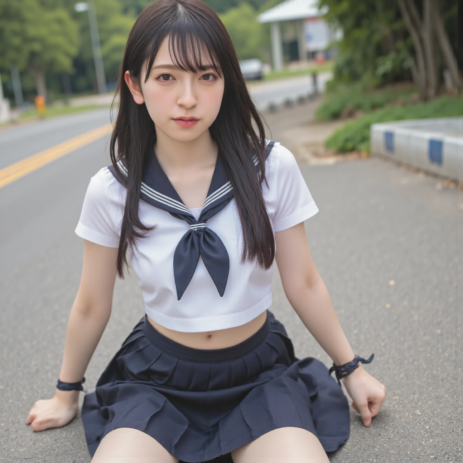 12 year old kneeling Asian girl in sailor uniform with short skirt, short socks and black shoes on a yacht