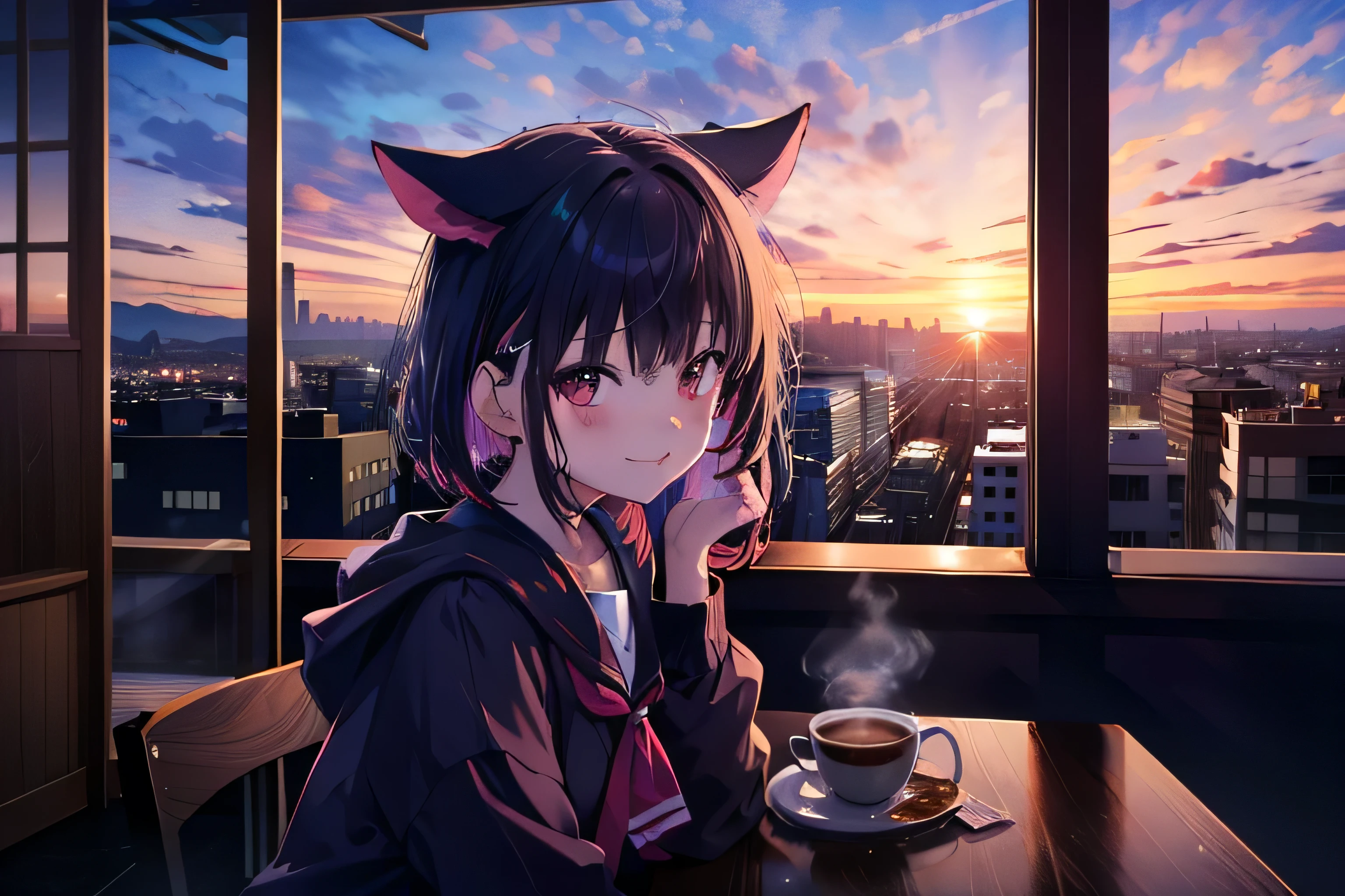 ((Kyouyama Kazusa)), (nekomimi)), upper body, smile, finely detailed color, cafe, coffee, terrace, indoor, beatiful sky, sunset, twilight, cute face, city