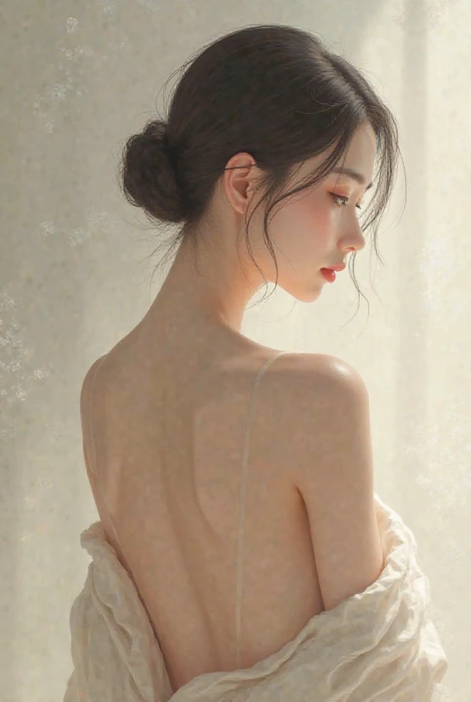 (((best quality))),(((ultra detailed))),(((masterpiece))),illustration,1girl, young,solo, slim,thin,short ponytail,((bare back,towering hips,butt crack)),((shoulder off,bare shoulder)),white shirt,shorts,standing,rainy night, heavy rain, drenched clothes, melancholy expression, solitude, tear rolling down cheek, wet hair, empty streets, dimly lit, deserted environment, sound of rain, footsteps, symbol of hope, abandoned, resilience, determination, walking in rain, heartbreak, loss, love fading, loneliness, body language, facial expression, dreary atmosphere, rain-soaked streets, somber mood, viewer engagement,((upper body,from back)),urban scape