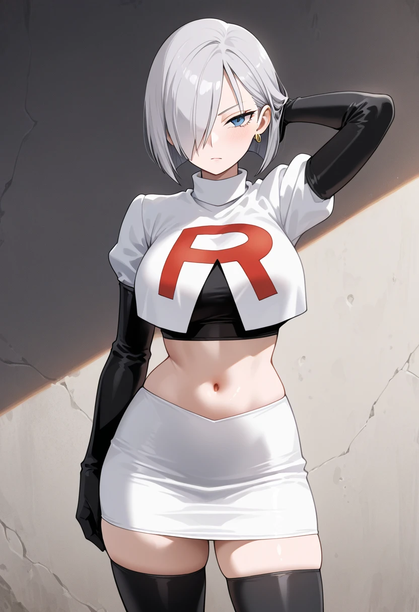 (masterpiece, best quality, ultra-detailed), AnnaNishikinomiya, white hair, aqua eyes, short hair, hairband, large breasts, team rocket,team rocket uniform,white skirt,crop top,black thigh-highs,black elbow gloves,