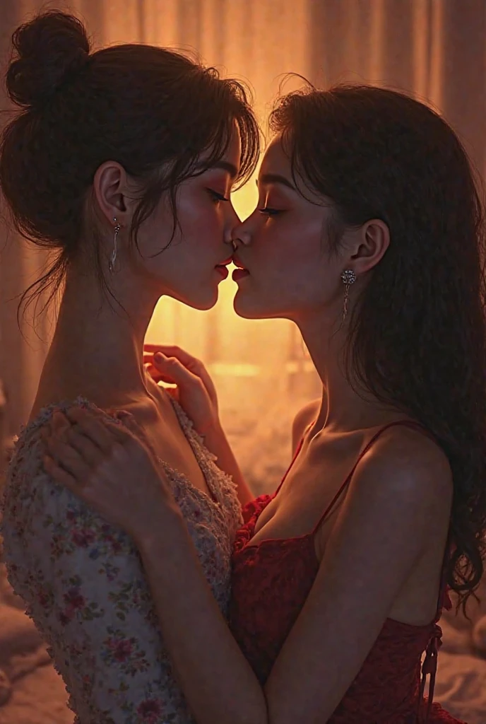 kissing girls, close to lips, Red lips, HD, light from behind, hair up , long hair