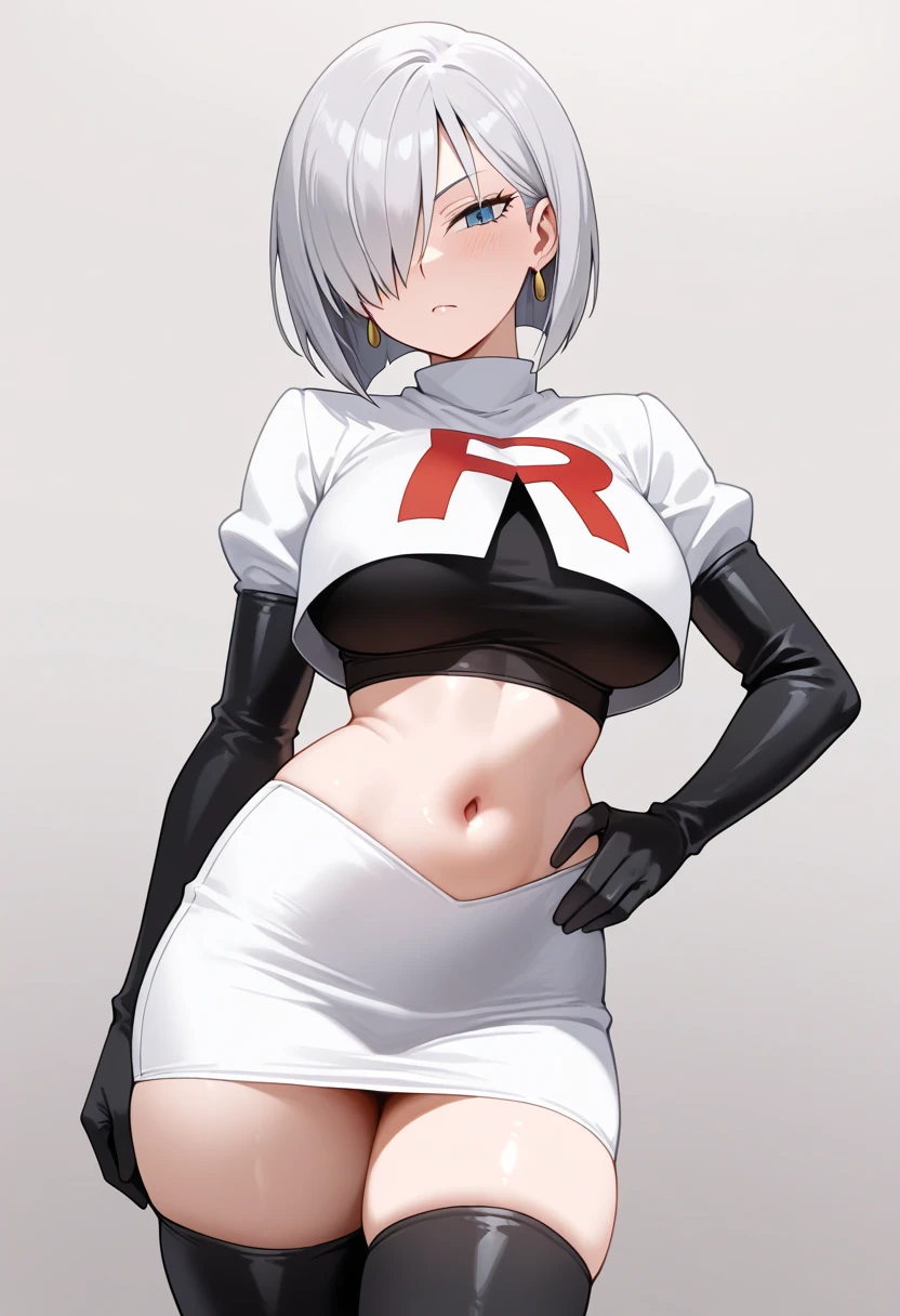 (masterpiece, best quality:1.2),illustration,8k,hd,1girl,solo,hair over one eye,short hair,ahoge,grey eyes,grey hair,alternate hair length,alternate hairstyle,large breasts,team rocket,team rocket uniform,white skirt,red letter R,crop top,black thigh-highs,black elbow gloves