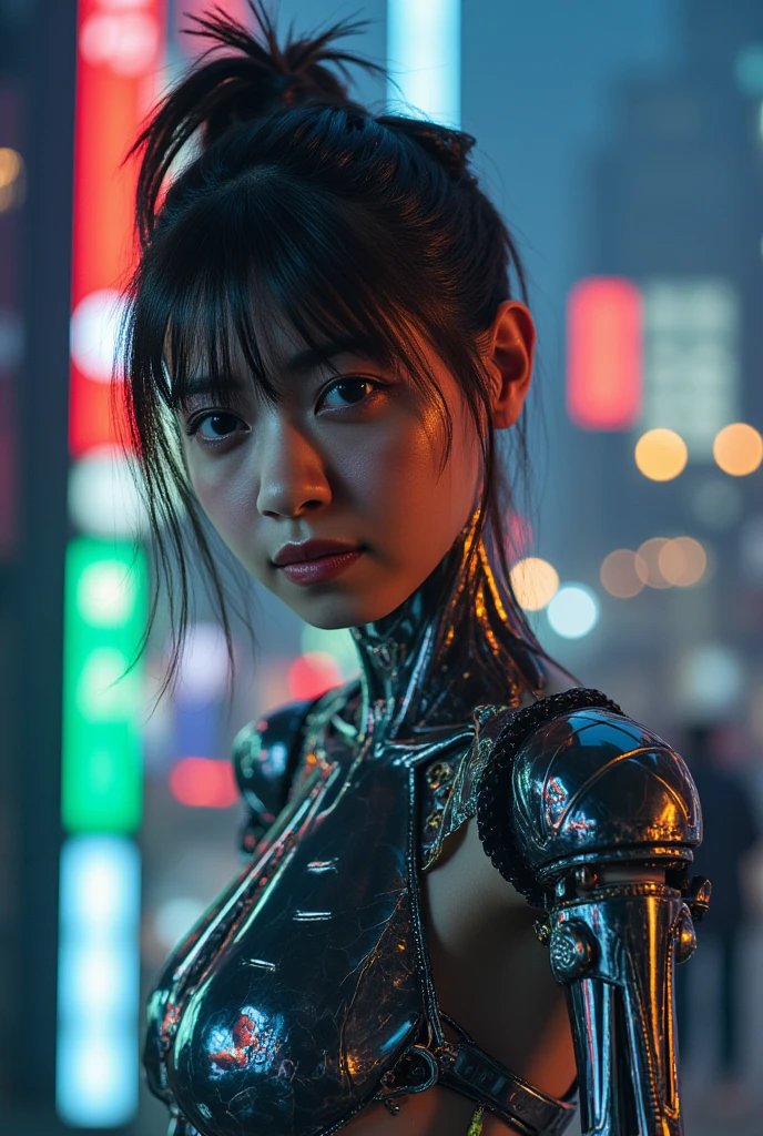 Dystopian night scene, very intricate details, Japanese woman wearing model-like armor, beautiful face, legs, cylinders that look like muscles, pose in motion, 8k, ultra high resolution, super realism, realistic photo, taken with Fuji film X-T30.+Nokton. HDR10