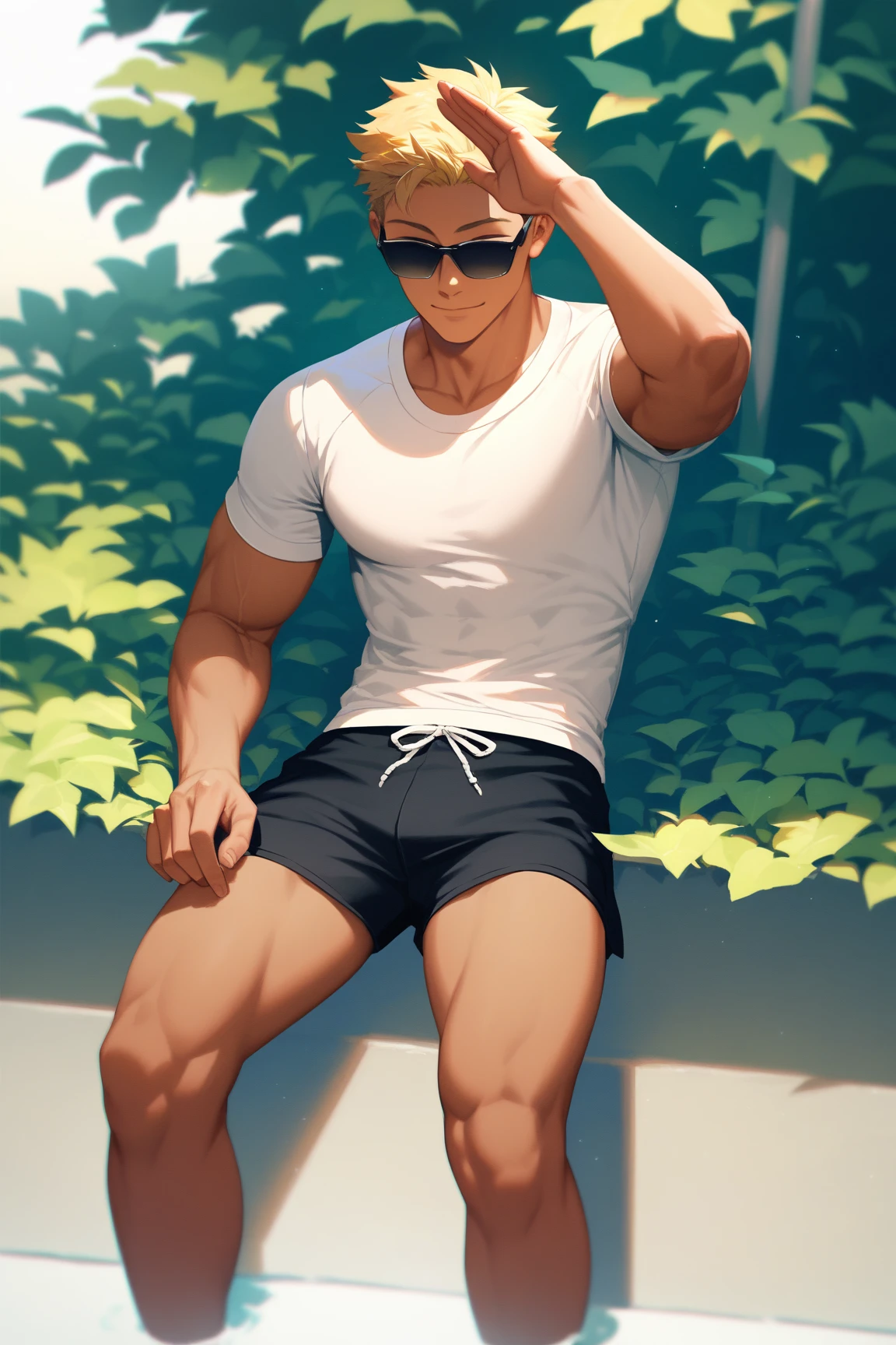 Handsome guy in white socks, abs boy, sunny handsome, anime male protagonist, male high school student, white socks, topless, sports shorts, full body photo, detailed face
