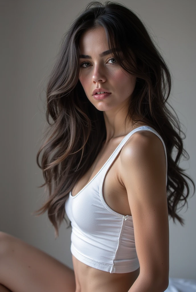 beautiful and hot girl in a room, 20 years old, only the girl is sharp, the background is blurry, detailed face, realistic, Hispanisch, Selfie, Almond-shaped eyes, high cheekbones, symmetrical, soft contours, inviting lips, enigmatic smile, graceful, confident gaze, magnetic aura, bewitching, captivating, ethereal, alluring, perfect