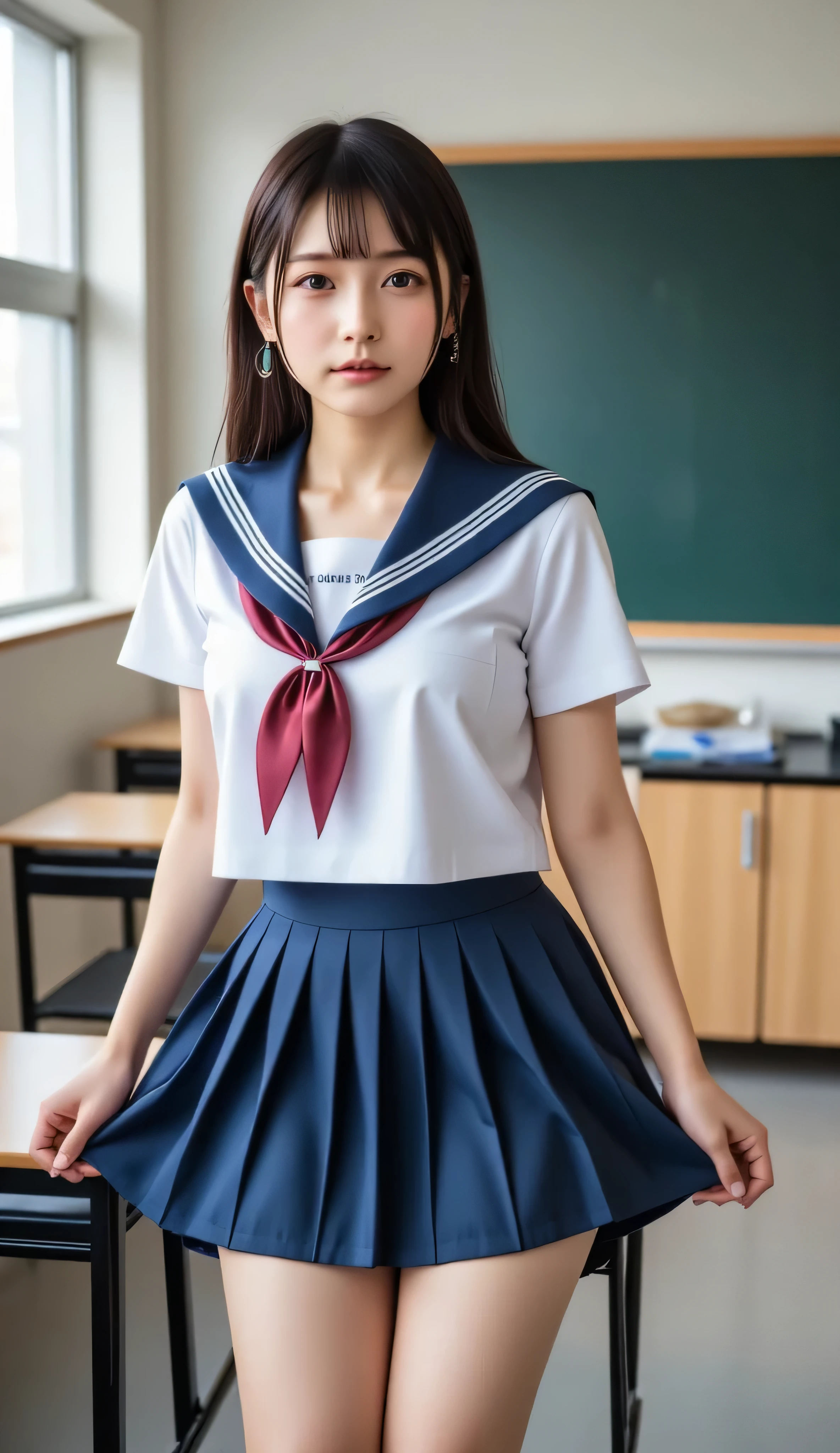 (8k, ultra-high resolution, highest quality, masterpiece:1.2), Masterpiece, best quality, illustration, ultra detailed, finely detailed, high resolution, 8k wallpaper, perfect dynamic composition, beautifully detailed eyes, (((She lifted her skirt with both hands to reveal her white panties))), (Canon), (EOS R5), (50mm), ((( photorealistic:1.5))), (No lens flare :1.5), ((超 high resolution)), (masterpiece), accurate,( Realistic texture skin), more details, high detail, High Quality , Award-winning work , 最 High Quality , 32K, written depth, digital camera, Award-winning glamour photo , professional lighting, (SFW), ((最 High Quality :1.5)), ((masterpiece:1.5)), (( realistic)), high resolution, Realistic shadow, Roughness, Real Life,( a very beautiful and cute Japanese woman), ( The cuteness of Japan's top idol ), ((Upper body shot seen obliquely from the front :1.5)), (( upper body shot from head to knee :1.5)), (( cute 18-year-old Japanese high school girl )), (( high school classroom , desk, chair, blackboard, and window visible )), ((( with slightly visible teeth is light blue, the collar is dark blue, and she is sitting on a chair wearing a short-sleeved white summer suit sailor suit with 3 white lines and a dark blue flare skirt:1.8))), (( a white short-sleeved sailor uniform with a navy blue collar)), (( dark blue flare skirt )), (( no accessories)), (( a very cute high school girl with a young look)), Attractive cuteness , seductive pose , Height: 160cm, slim figure, Beautifully shaped bust,