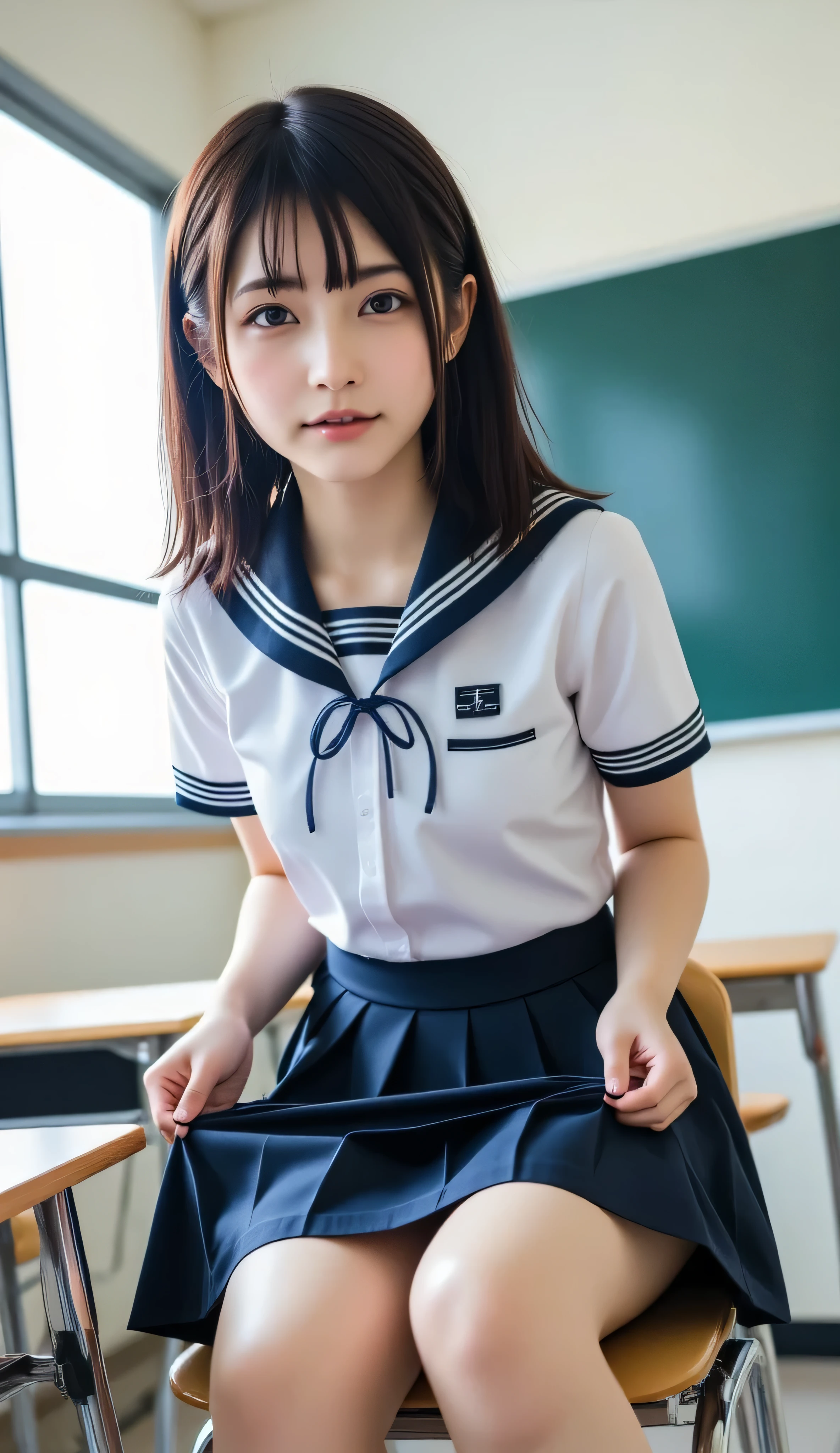 (8k, ultra-high resolution, highest quality, masterpiece:1.2), Masterpiece, best quality, illustration, ultra detailed, finely detailed, high resolution, 8k wallpaper, perfect dynamic composition, beautifully detailed eyes, (((She lifted her skirt with both hands to reveal her white panties))), (Canon), (EOS R5), (50mm), ((( photorealistic:1.5))), (No lens flare :1.5), ((超 high resolution)), (masterpiece), accurate,( Realistic texture skin), more details, high detail, High Quality , Award-winning work , 最 High Quality , 32K, written depth, digital camera, Award-winning glamour photo , professional lighting, (SFW), ((最 High Quality :1.5)), ((masterpiece:1.5)), (( realistic)), high resolution, Realistic shadow, Roughness, Real Life,( a very beautiful and cute Japanese woman), ( The cuteness of Japan's top idol ), ((Upper body shot seen obliquely from the front :1.5)), (( upper body shot from head to knee :1.5)), (( cute 18-year-old Japanese high school girl )), (( high school classroom , desk, chair, blackboard, and window visible )), ((( with slightly visible teeth is light blue, the collar is dark blue, and she is sitting on a chair wearing a short-sleeved white summer suit sailor suit with 3 white lines and a dark blue flare skirt:1.8))), (( a white short-sleeved sailor uniform with a navy blue collar)), (( dark blue flare skirt )), (( no accessories)), (( a very cute high school girl with a young look)), Attractive cuteness , seductive pose , Height: 160cm, slim figure, Beautifully shaped bust,