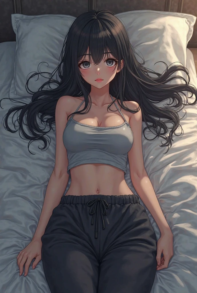 最high quality、best image quality、masterpiece、girl((20-year-old、 By becoming、vest bust、medium bust,wide open breast tea、shining eyes, neon hair、long hair、thin,highest valley、black tank top、blue pants、full body tattoo,diamond earrings、Wristband、necklace,sleep in bed,lie)),high quality、beautiful art、background((Beautiful hotel room))、Flight、debris flies、Depth of written boundary、movie、visual art、perfect art、8k,genuine、Top-down perspective