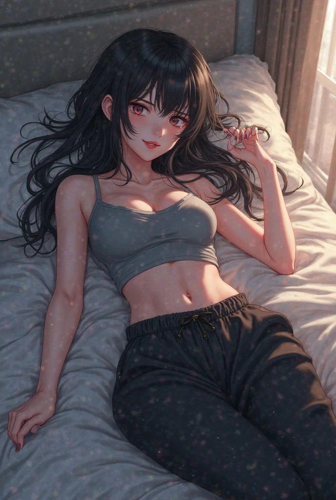 an extremely delicate,
beautiful girl,
break,
8k,
best quality,
masterpiece,
ultra hires,
ultra detailed girl,
super fine illustration,
break,
(sexy pose:1.2),
(looking at viewer),
full body,
dark bedroom,
night,
bloom,
glowing,
rim lighting,
Cinematic Lighting,
moody lighting,
break,
1girl,
solo,
college age,
perfect female body,
sitting on bed,
wariza,
spread legs,
black hair,
long hair,
fluffy hair,
air bangs,
long bangs between eyes,
round face,
green eyes,
(smile:1.2),
(embarrassed, hapiness, blush:1.2),
(steam:1.1),
(wet:0.8),
(trembling:0.8),
(tears:0.8) ,
(drooling:0.7),
(sweat:1.1),
(parted lips:1.3),
(half open eyes),
(feeling weak:1.3),
large breasts,
break,(black underwear:1.4),
sports bra,
sports panties,