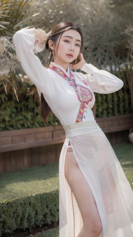 Best Quality, Masterpiece, Ultra High Resolution, (Realistic: 1.4), Xiuxian, Smiling, Shy, Belly Button, Delicate Makeup, Gorgeous Jewelry, Horse Face Dress, Detail Face, 1 girl, white clothes, lotus print, maple leaf print, solo, weapon, (magic circle: 1.2), Xiuxian, upper body, beautiful girl, half-body, East Asian architecture, sheath, construction,