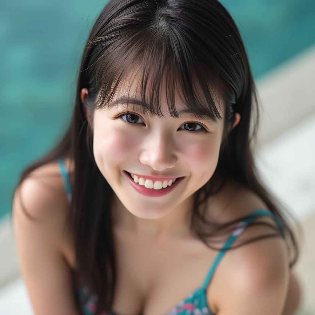 ((Highest quality, 8K, masterpiece, Portraiture: 1.3)), (Looking at the audience), (close:0.85), Attractive and seductive mature woman, 1 person, A little chubby:0.45, Micro Swimsuit, (Big breasts and big hips:0.5), smile, Small face、Indoor Poolside,