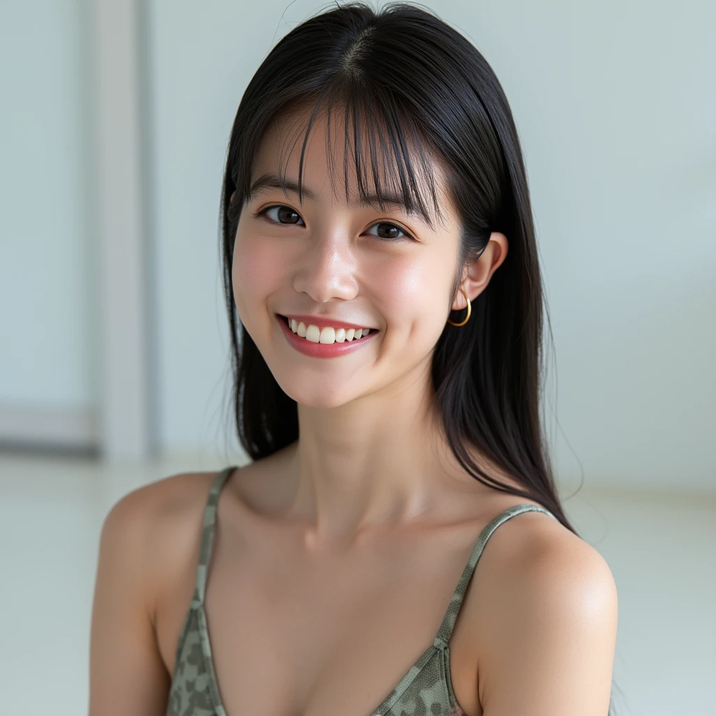 face perfect, gorgeous face , a 14 year old Korean in a bikini ,with black background , Grinning