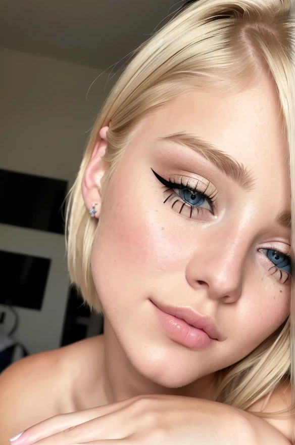((best quality)), ((ultra res)), ((photorealistic)), (intricate details), 19 years old, blonde hair, perfect face, make up:1.5, light on face, face detail, NAKED,