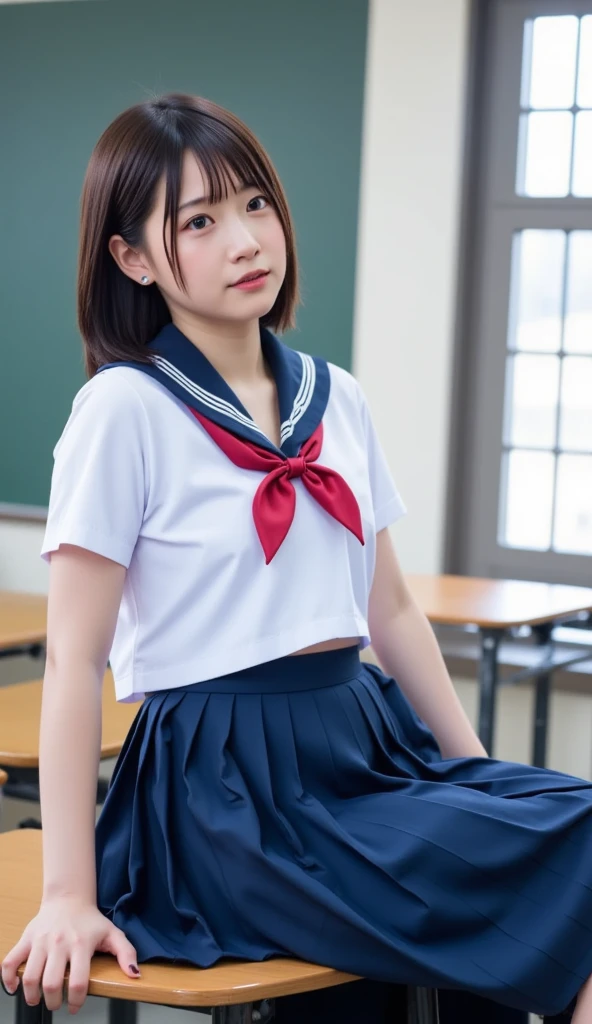 (masterpiece:1.2), Very detailed, Ultra-high resolution, (Realistic, photo Realistic:1.6), High-resolution RAW color photos, Professional photos, Sharp focus:1.2, (Very detailed顔と肌の質感, Very beautiful eyes, Glossのある肌, Glowing Skin, Glowing Skin, Shining Face, Gloss, Oily skin, greasy face, Oily skin, greasy face,),, (real Glossのある肌 texture), Perfect Anatomy, Very detailed背景,(High school classroom at night),1 female,25-year-old woman, Japanese women,Height: 168cm,(short hair, Straight hair, bangs, Brown Hair),((Flat Chest:1.6)),(Slender legs), ((((Short Sleeve White Sailor School Uni形状、Navy blue pleated skirt:1.5、Perfectly detailed sexy thong panties under skirt))),(Sit on your desk with your knees upright:1.4)、(((Wet and sheer sailor suit:1.4)))