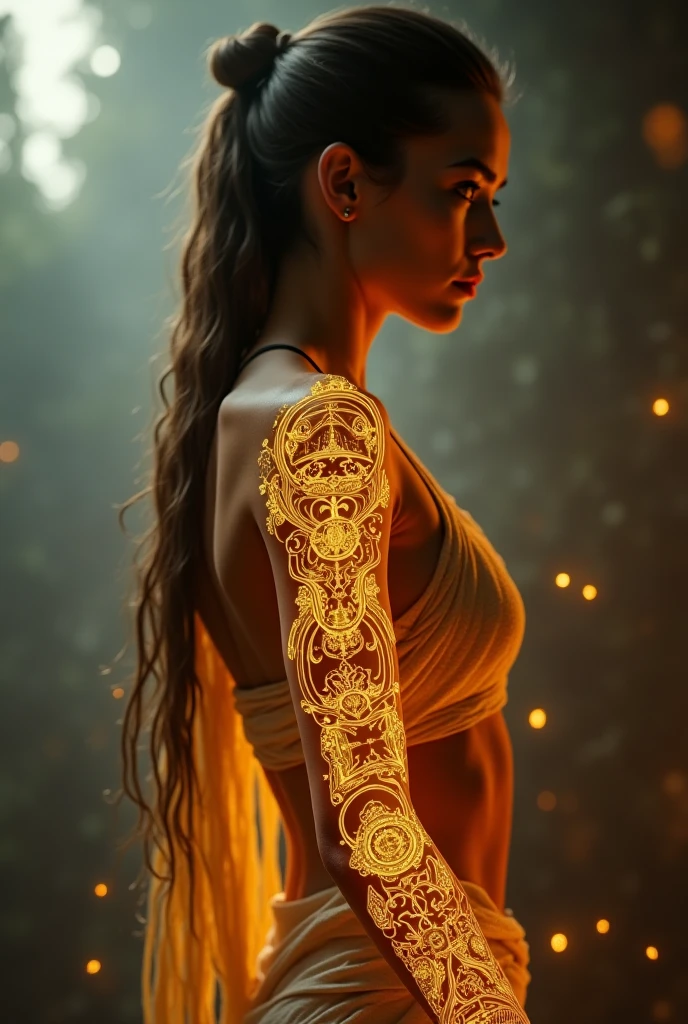 photoillustration of double exposure of merged, a lady, a sunrise, (solid effect of a sunrise image facing on her), seamless mix, texture and pattern, solid effect, iconic stance, dramatic shadows, dramatic lights, interlacing elements, fit-image on her back, back view, fantasy art, two tones, opposite-opponent digital manipulated photo art, hyper-realistic, ultra-detailed, crisp clarity, high-contrast, luminous ambiance, rich textures, intricate patterns, vivid colors, cinematic lighting, photorealistic, accurate anatomical proportions.