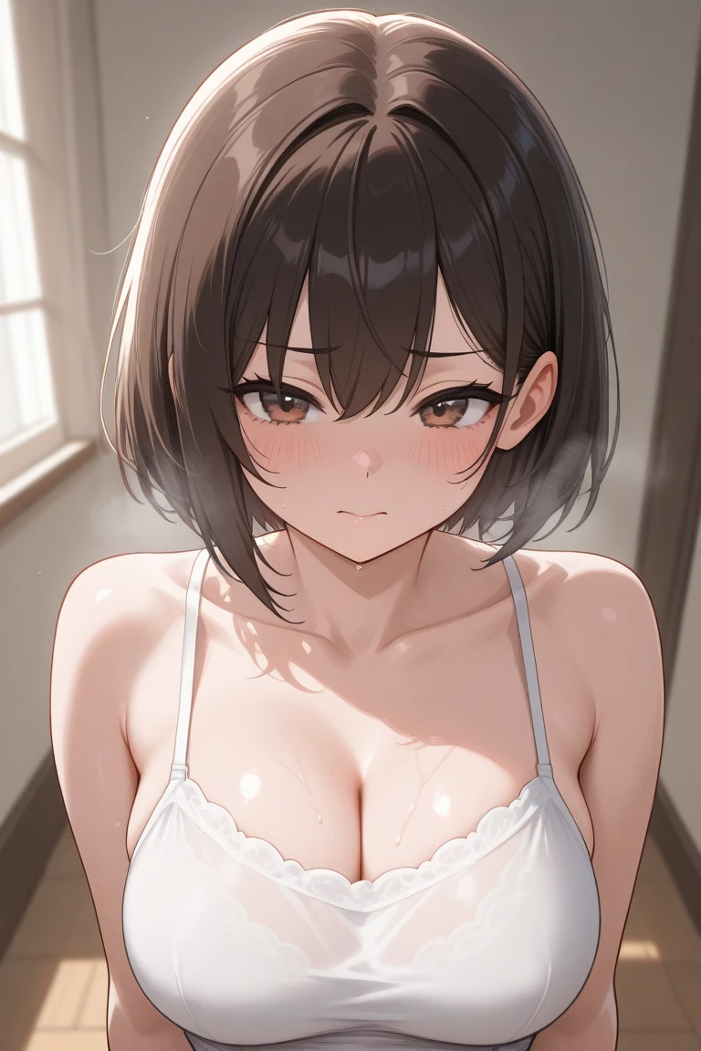 premium、masterpiece、ultra detailed、The ultra -The high definition、1woman、Alone、25 years、(soft bust:1.2)、big natural breasts、chest neckline、(pure clothing)、underwear、Leaning forward、(Changing clothes)、(Pupil white highlights.:1.2)、(dark reddish brown eyes)、(Look at the spectators:1.2)、White skin、textured skin、medium hair, red blush、mischievous look、a slight smile、bedroom、(Blur the background a lot to highlight the woman.:1.3)、(beautiful flowers)、(sunlight)