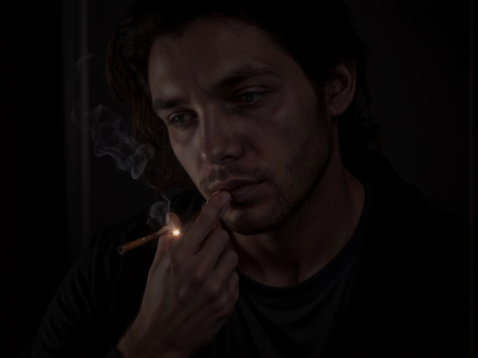 (handsome man holding cigarette, metal hand sign), 1 man, detailed face, beautiful eyes, sharp jawline, intense expression, moody, dark lighting, (dramatic, cinematic, chiaroscuro lighting:1.25), (realistic, photorealistic, photo-realistic:1.37), (best quality,4k,8k,highres,masterpiece:1.2),ultra-detailed, 3d render, studio lighting, hyperrealistic, hyper detailed, highly detailed, sharp focus, physically-based rendering