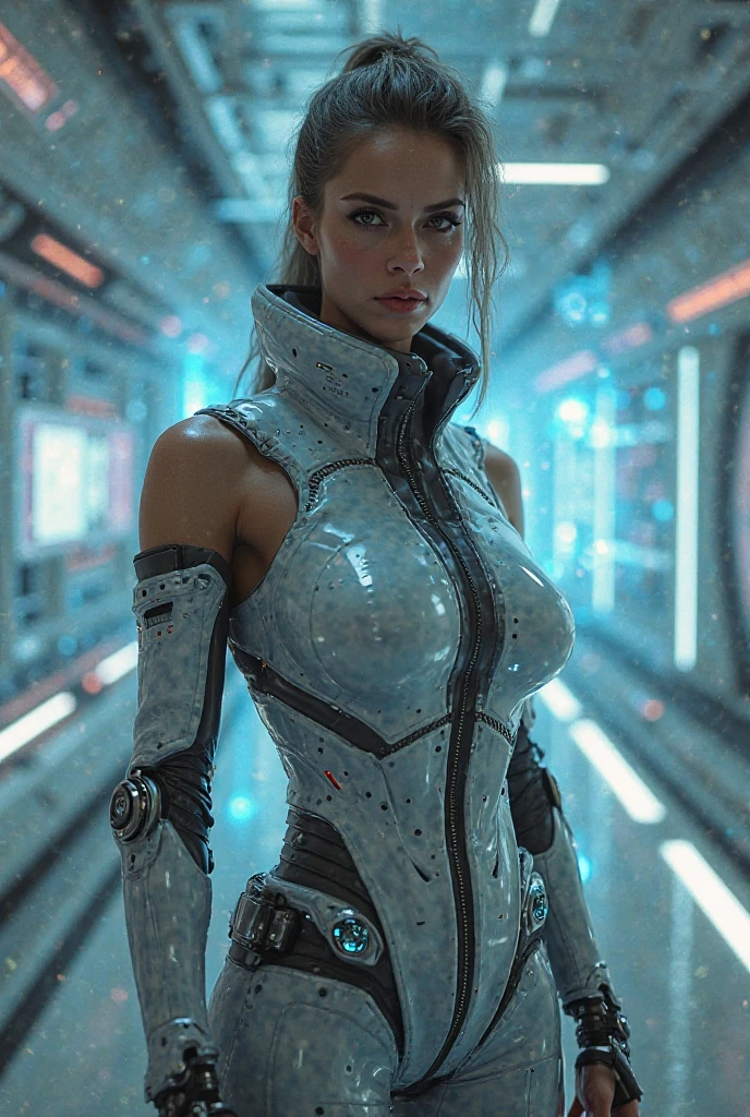 nsfw, masterpiece, Best Quality, hyper Realistic, A mysterious and sophisticated beautiful young gravure Japanese woman with blue eyes wears futuristic and sexy fashion art. sitting focus breasts,, from below, Detailed clothing butt, woman is climbing at a wide angle, with her full body in frame. large Butt, sexy large breasts, slim waist, Cyber punk taste fashion, Her outfit includes BLACK over sized Surface hoodie sweat, nothing shorts, adding a minimalist beauty. She accessorizes with futuristic accessories and technical sneakers. Her demeanor exudes harmony and striking simplicity, accentuating her curves and digging sensuously into her skin, hyper small head and face, wide and big Duck mouth, half open mouth, perfectly aligned teeth, perfect beautiful wide teeth, Detailed eyes, light blue eyes, half open eyes, shiny Droopy eyes, gray hair, looking other, She is situated within the interior of a futuristic colony, with mist drifting and steam rising from concrete