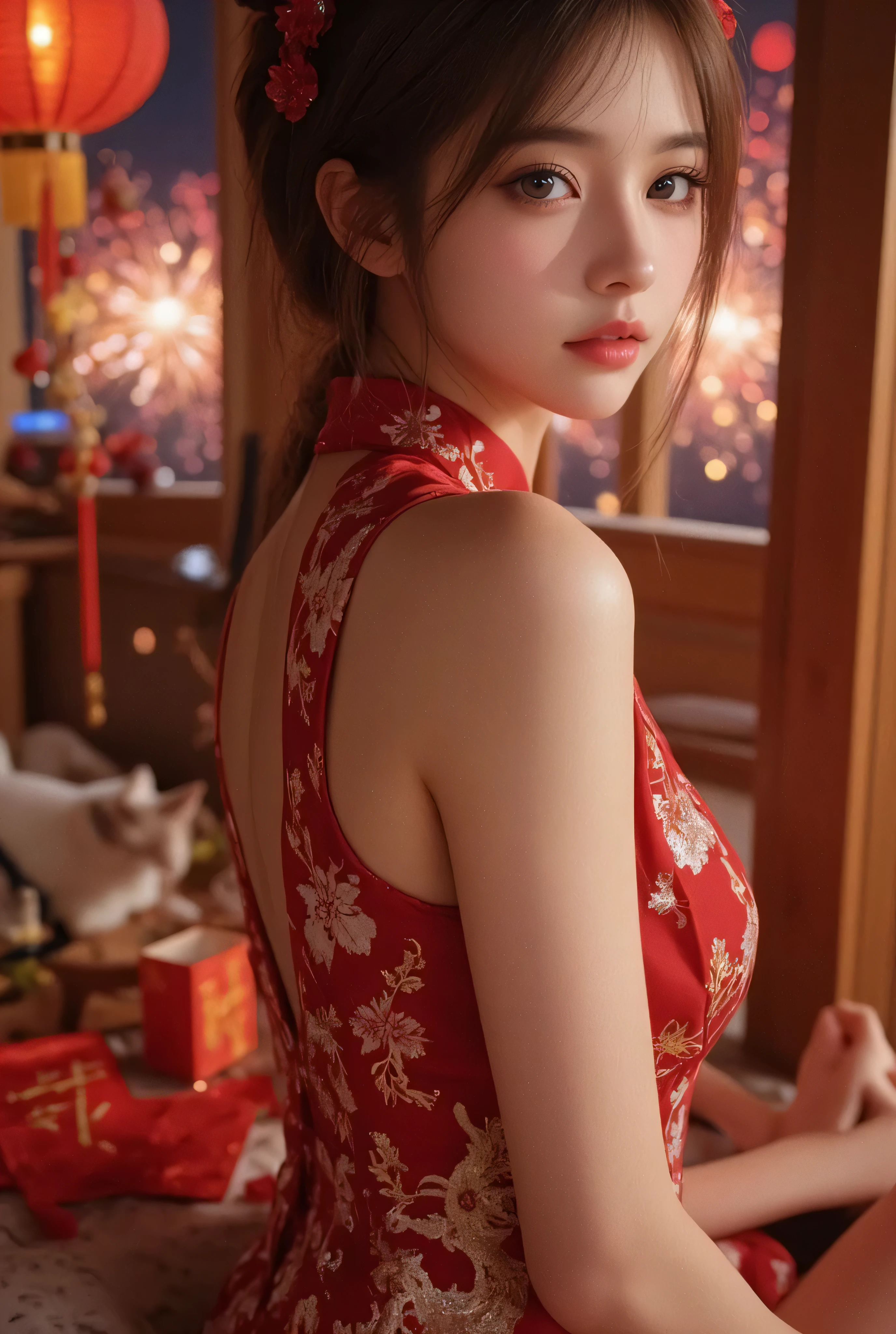 Cat ears、 face up, attractive, pretty girl, ponytail、 (( fine facial features , eroticism)), dramatic lighting , realistic , 8k, Dramatic Shadows , intricate and elaborate patterns , super detailed photo , chiaroscuro lighting , Pleasant colors , deep contrast , super real 、 pink lipstick、 warm room、Vintage Fireplace 、 cinematic composition、Close-up of face, pretty half part transparent open shoulder loose outfits dress, tang style, A beautiful Korean idol wearing a one piece red- black tightly cheongsam with phoenix and intricate floral golden embroidery, golden and silver outline on dress, hand hold pink feathers transparent Chinese fan with golden ink painting of bird and tree , standing gracefully in a room filled with traditional Chinese New Year decorations. The room features vibrant red lanterns, decorative calligraphy scrolls, a small Chinese orange tree with golden ornaments, and several red envelopes scattered across the floor and hanging from the tree. Adorable, playful cats are part of the scene—some sitting near the tree, others curiously pawing at the red envelopes or lounging around. Through a window or an open door in the background, vibrant Chinese fireworks light up the night sky in an array of reds, golds, and blues, casting a magical glow into the room. The idol’s outfit is paired with subtle accessories like red hairpins or earrings, complementing the festive look. The atmosphere is warm and lively, filled with the joyful essence of the celebration, enhanced by the shimmering lights of the fireworks and the lively decor. 1girl,