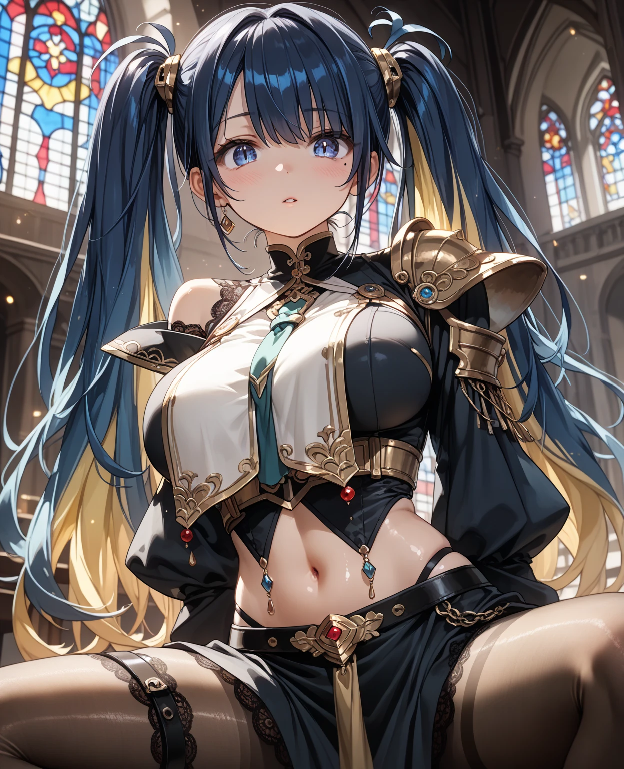 absurd res, high res, (masterpiece:1.4), ultra-detailed, 1girl, from front, space, black stockings, medium hair, yellow eyes, hands out of frame, Hourglass figure, hourglass body, highest quality, absurd quality, 8k, perfect body, perfect contrast, beautiful face, yellow eyes, unrevealing skin, 1girl, kneeling, facing viewer, holy maiden, sister, holy girl, praying, from front, sfw, unrevealing clothes, covered skin, black hair, sister, church,
