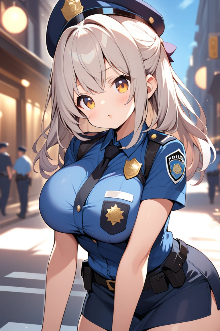 anime illustration、Highest image quality、cyber punk、near future city、late night、neon sign、A buxom female police officer patrolling the alleys、bulletproof vest、body armor、perfect proportions、Tight Skirt、long white hair with volume、round eyes、Ahoge、cowboy shot、Overwhelmingly big breasts beyond the norm、thick legs