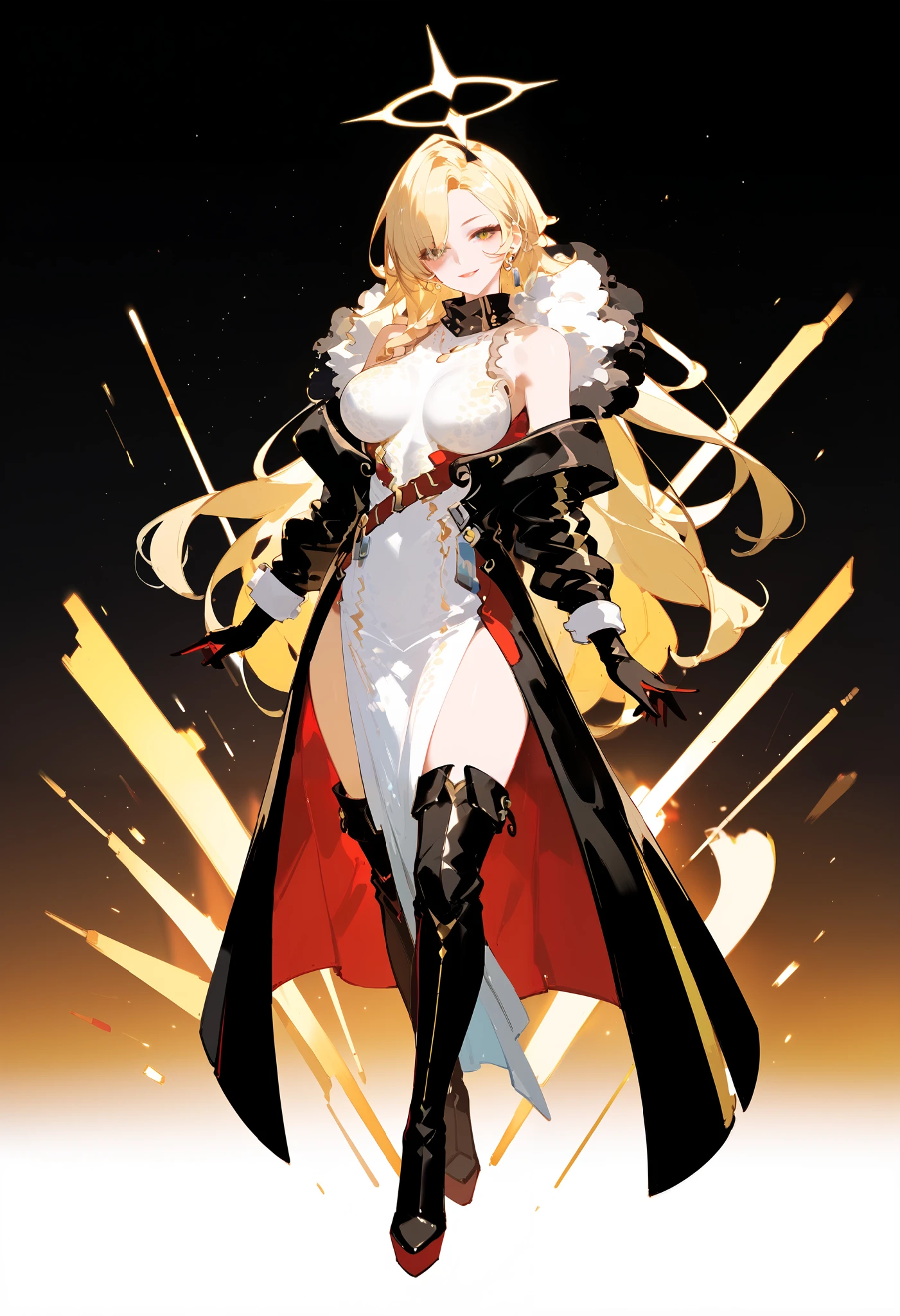 (masterpiece, highest quality), dress,off-shoulder jacket,jumpsuit Blonde, Beautiful adult woman, thigh-high boots, full body, long gloves, Big breasts, sexy, Seductive images, blonde white long hair, (ultra detailed), (cowboy shot)