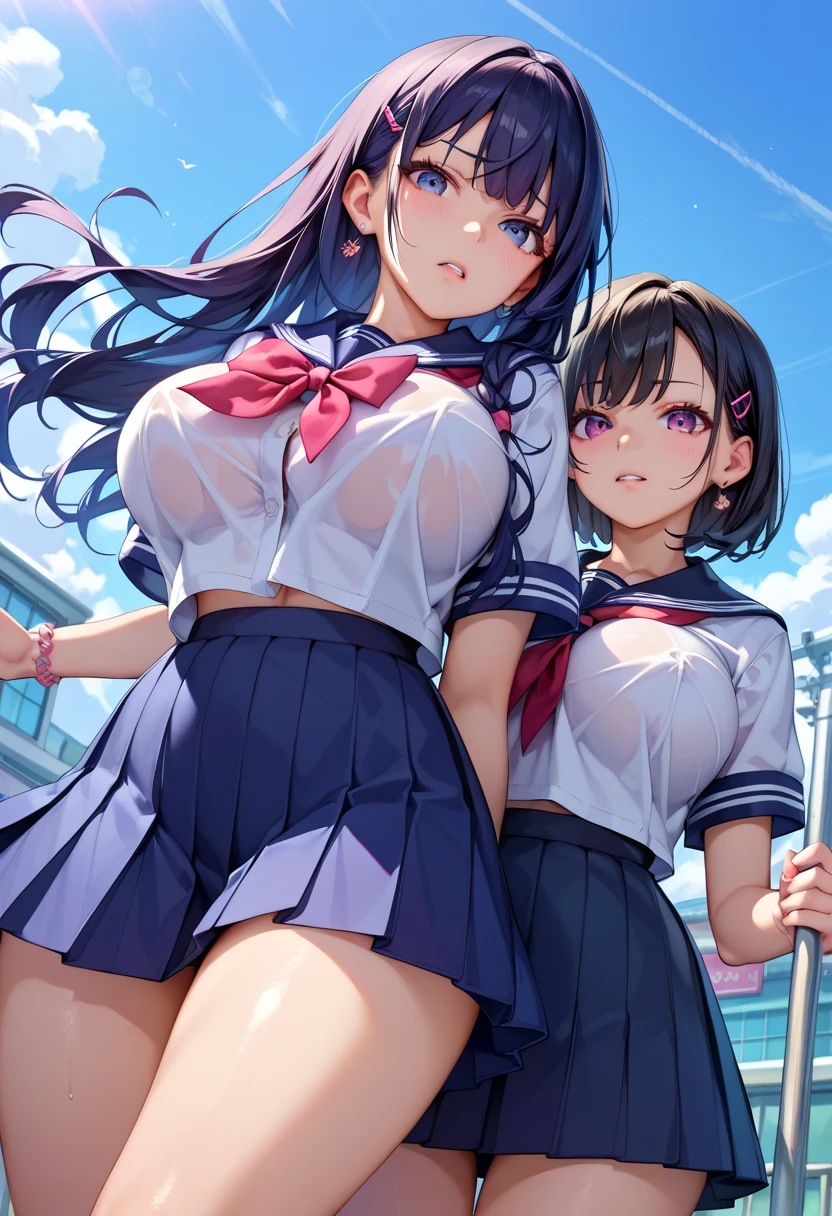 ((2girls)), Yuri, (masutepiece:1.05), (Best Quality:1.05),School_uniform, (((White panties))), Dark blue skirt, Floating skirt, (Cameltoe)