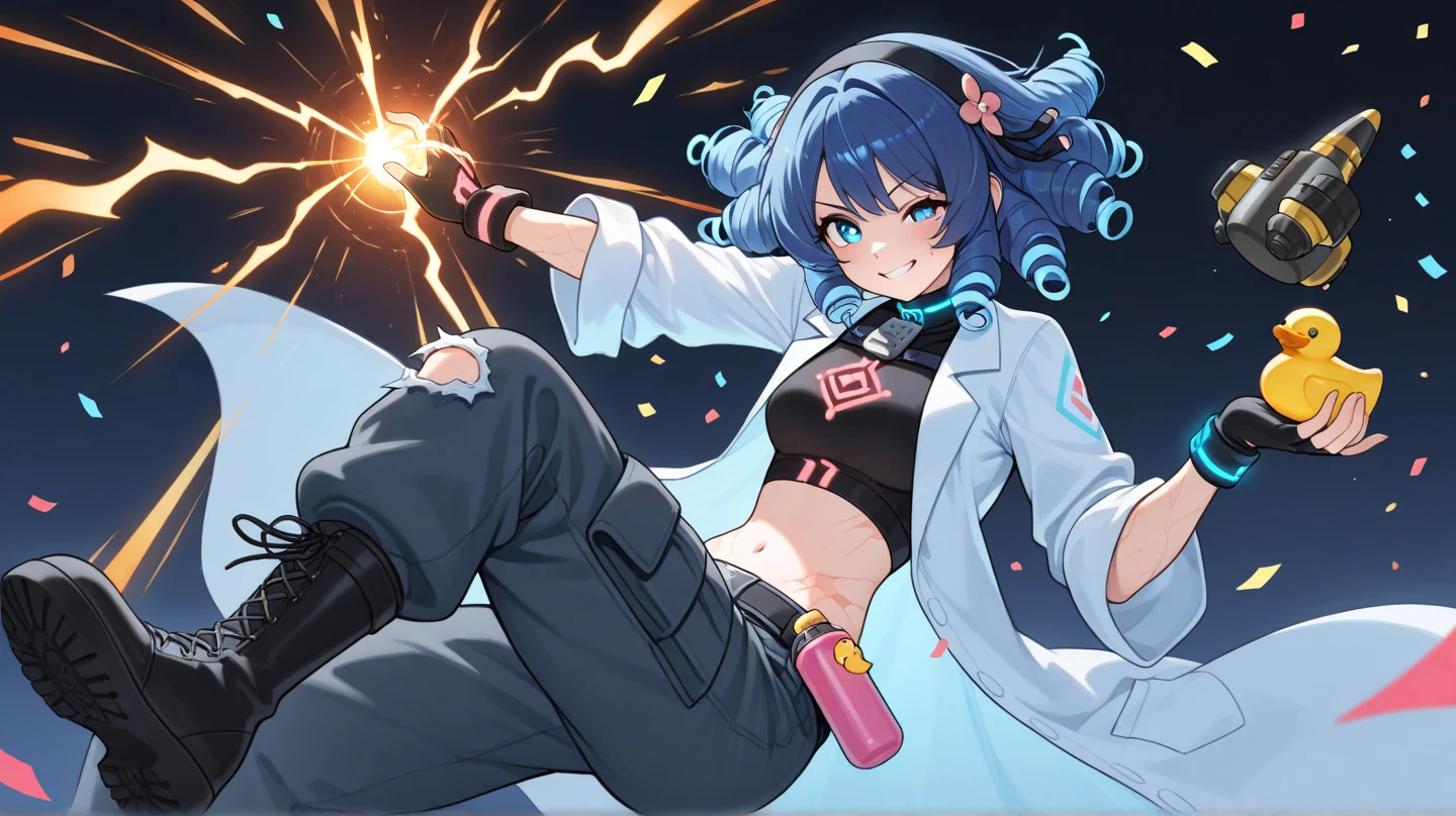 1female, teacher, wearing a blue and white hoodie, bootyshorts, Thicc, blue hair, long hair, pink eyes, face to detail, detailed eyes, the background is a pizzaria, smiling, Ballerina, motherly look and body,