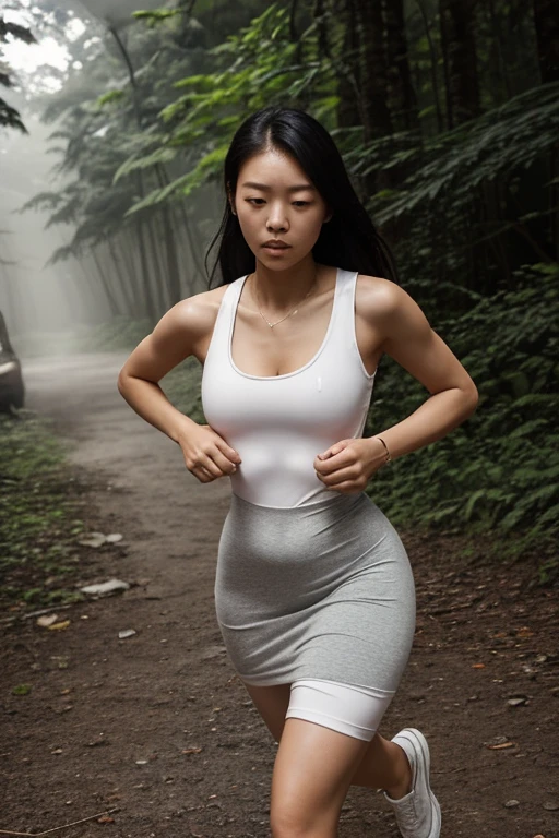 ((outdoor, highest quality, masterpiece:1.4)), WhiteWetWear, realistic hands, realistic feet, full body, (1 female), ((Very small face:1.3)), (Wavy hair fluttering in the wind:1.3), Innocence, Pure, ((highest quality, 8k, masterpiece:1.3)), (Perfect body beauty), blurred forest Background, (look back), Thin legs, wide white towel underpants, white panties, laced underpants, torn underpants, full body, large white dress, large wide white skirt, ((work of malediction and death)), Shout. Dominant pose. Realistic hands. [The character is surrounded by mist, evoking a mysterious and eerie atmosphere. The lighting is dark and atmospheric, with smoke adding a touch of sinister ambiance. Best quality image, HDR enhancement, showcasing the utmost level of detail and realism, full body shot:1.5]. [8K, Best Quality, Ultra High Resolution, (highly detailed CG unity 8k wallpaper), (best photo), (best shadows), isometric 3D, octane rendering, ray tracing, highly detailed, (Best quality, 4K, 8k:1.2), absurdity, ultra detailed, (realistic, photorealistic, photorealistic:1.37), complex parts, HDR, (complex parts:1.12), (hyper detailed, hyper realistic, Soft lighting, spicy:1.2), (complex parts, Hyper detailed:1.15). Blurred foreground. (backlit), masterpiece, high quality, brightness, chromatic aberration, foggy smoke, shadows, contrast, clear sky, (warm hue, warm tone), high details, natural reflections]. (YES SFW)