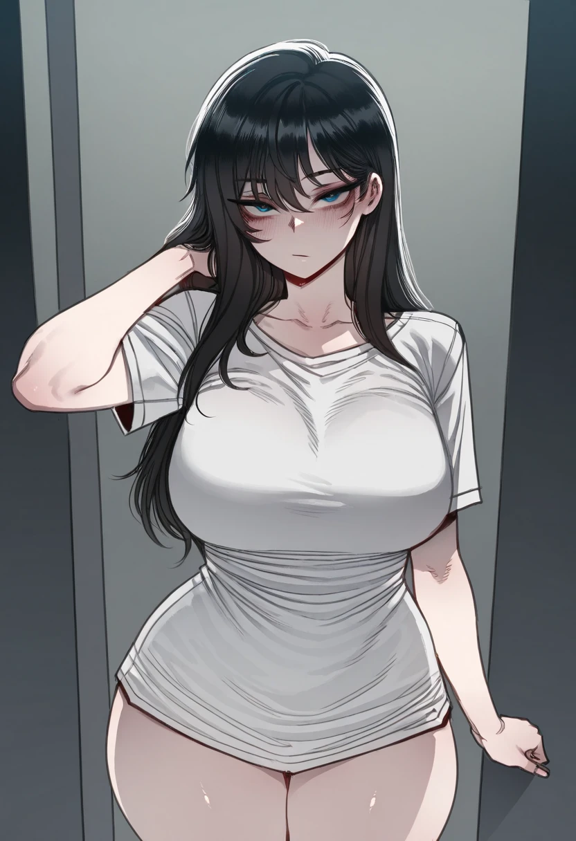 A woman with very long black hair and (very long bangs:1.5), wearing a stylish jacket and tight jeans, standing. The artwork is inspired by manga and incorporates a doujin style. The woman appears to be (wetting herself:1.5), which causes her to feel embarrassed and humiliated, resulting in a blush on her face. In addition, there is an air of anger in her expression. The lighting in the scene is moody, with a spotlight highlighting the woman's figure. She is crossing her arms, (arms crossed:1.5), fully showcasing her jeans., large breasts