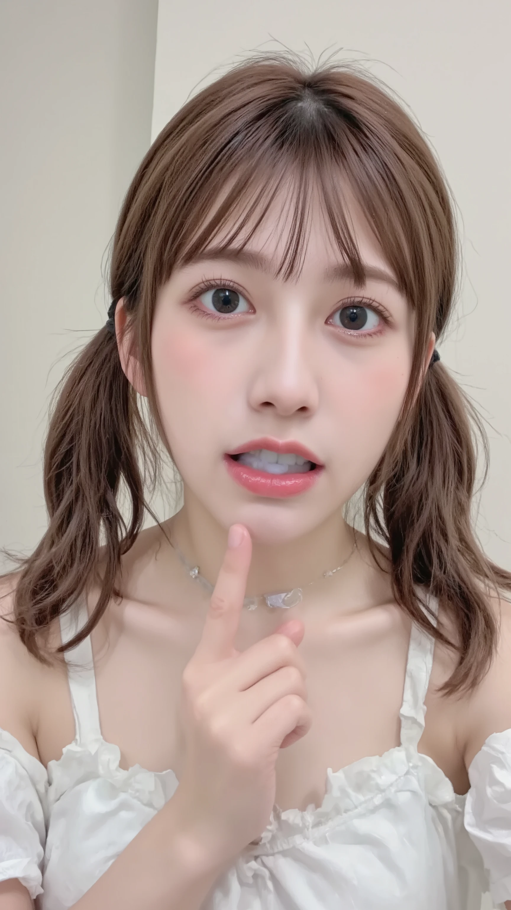 A high resolution photograph of a young Japanese woman, masterpiece, photo-realistic, sharp focus, fashion shoot, solo, 1girl, ite body, (flat chest, off-shoulder sundress), twintails shaggy brown hair with bangs, tilted head, (surprised face, choker, jewelry, open mouth wide, teeth, white sperm in mouth, middle finger up:1.2), selfie, looking up at the camera, facing up, face focus, close-up of face, front view, overhead shot, indoors, perfect hand, detailed hands, detailed fingers, (uncensored, censored turn off),