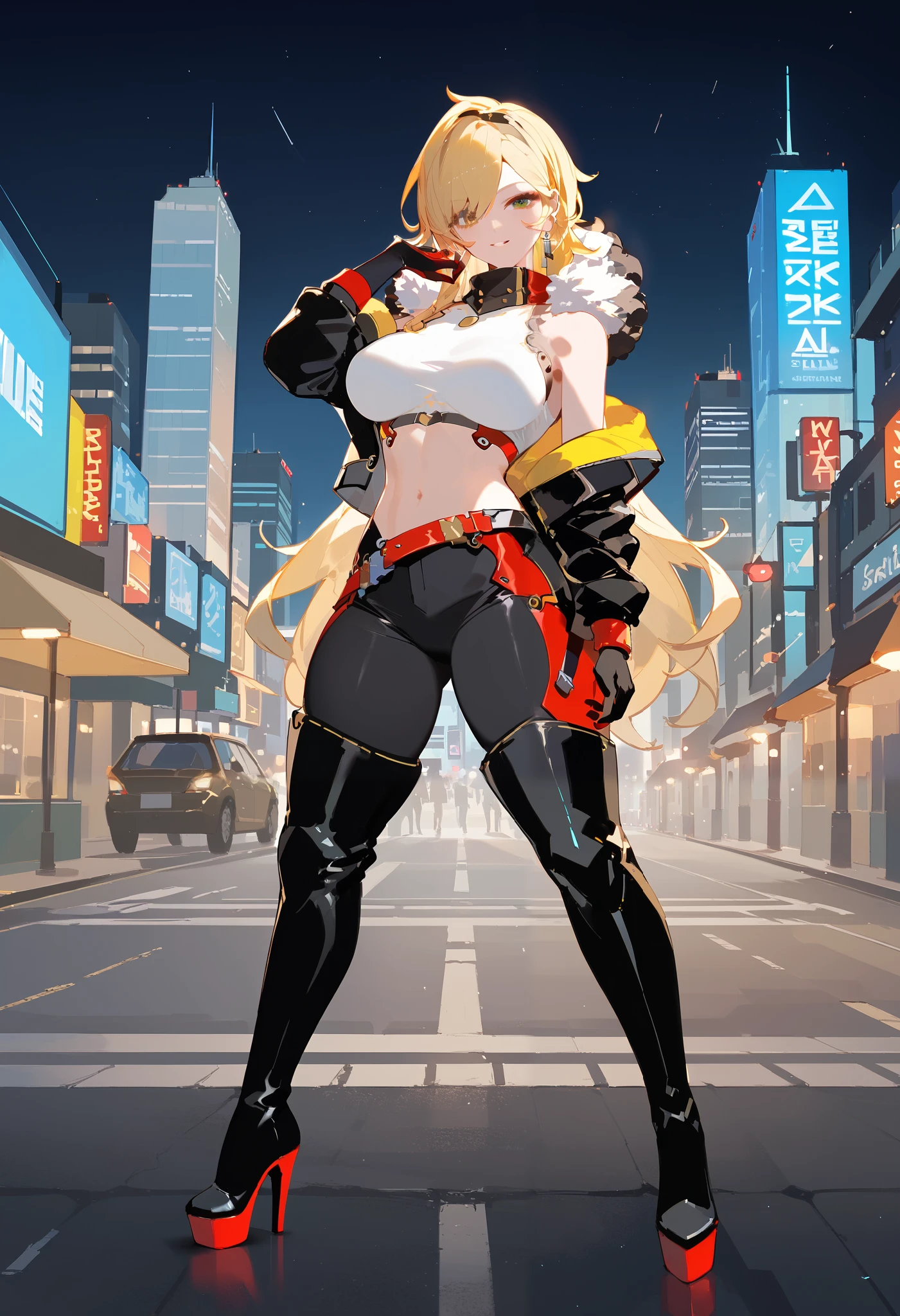 (masterpiece, highest quality),crop top, hot pants,off-shoulder jacket,jumpsuit Blonde, Beautiful adult woman, thigh-high boots, full body, long gloves, Big breasts, sexy, Seductive images, blonde white long hair, city street background, (ultra detailed), (cowboy shot)
