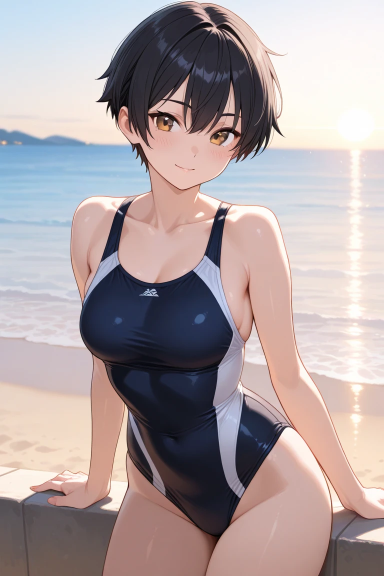 One piece type competitive swimsuit Black Bob Hair Great style blush smile Directly facing