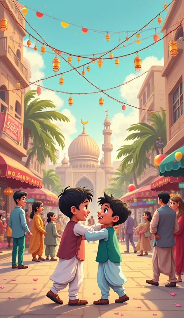 Draw a lively scene of a religious festival. Include people in traditional attire celebrating, such as sharing food, exchanging gifts, or engaging in festive activities. Add prominent symbols related to the festival, like lanterns for Eid, diyas for Diwali, or Christmas trees for Christmas. Decorate the scene with colorful banners and patterns to enhance the festive mood. Make sure the drawing conveys a sense of joy and celebration and eid 2 Muslim boys hugging themselves Muslim boys 