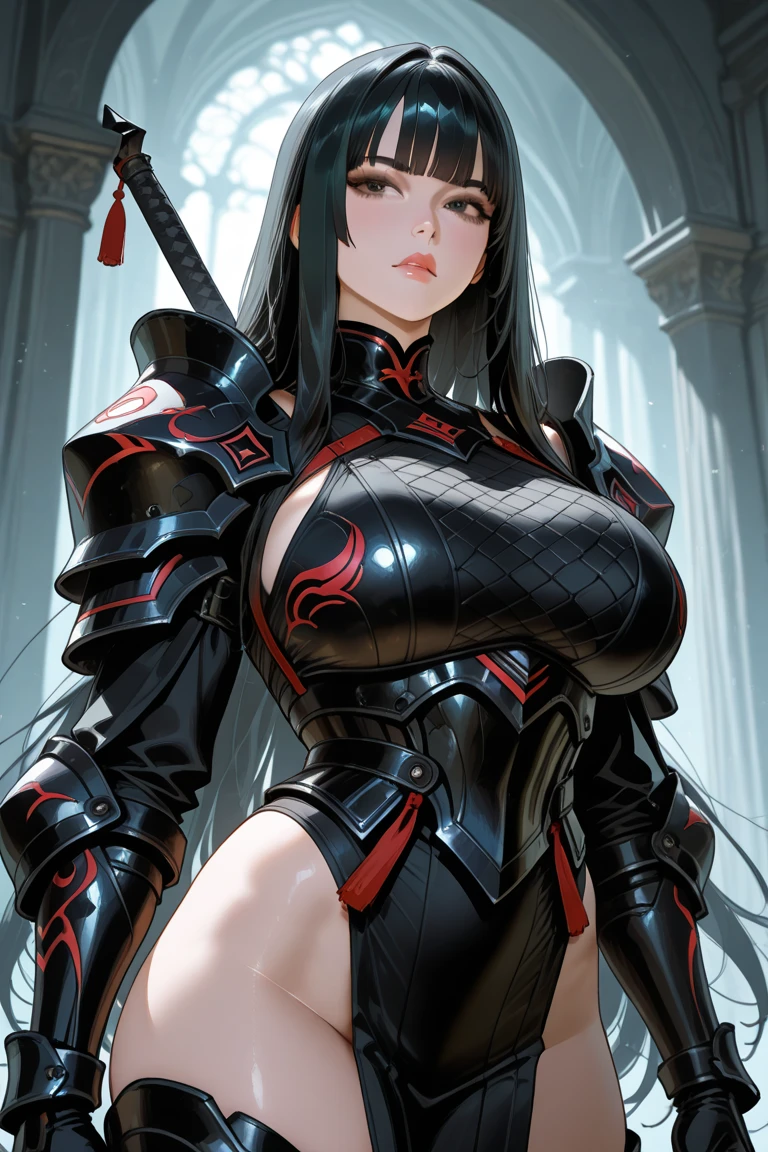 ((Best Quality)), ((masutepiece)), (Detailed), Perfect face A detailed face younggirl cleavage of the breast red eyes long, thick black hair Blunt bangs Solid background color is standing wear samurai armor
