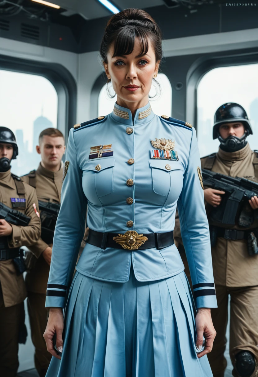 Imagem da capa do filme,como uma pessoa real,Vestido Educado,Imagem de capa do War War Fighter Action),(Movie Reference Foundation : 1.8 ),Realistic,White Air Force General Uniform,(Realistic face resolution),Cinematic poses,adulto,magro,pequeno,1 Mulher com cabelo loiro escuro,serious face,science fiction,scientific fiction,personagens diferentes