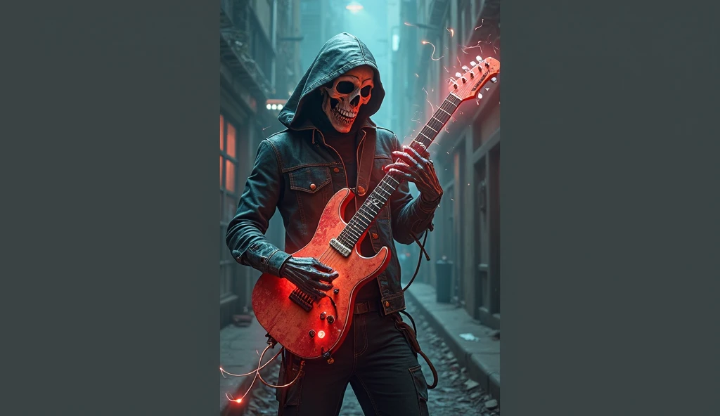 ((melhor qualidade)), ((obra-prima)), ((realista)), (detalhado), (Man with skull instead of hooded head:1.2), ((Playing the electric Stratocaster guitar)), (vestindo a jaqueta de couro preta), chamas, (metalhead, rock and roll), arte digital detalhada, trending in artstation, arte conceitual, motor irreal, hiper detalhado, volumetric light, Epic Cinematic Concept Art Grumpy, pintura fosca realista, epic cinematic, insanamente detalhado, , ((obra-prima)), absurdres, HDR --auto