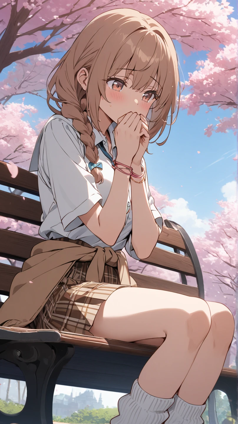 ((Brown hair)),((Braided shorthair)),((Pigtails)),((With bangs)),((Brown eyes)),Slight red tide,((A moonlit night where the stars shine beautifully)),(warm red down coat),Plaid shirt,((Long skirt made of denim material)),gloves,(A bench in a park with only one streetlight),((i'I'm sitting on a bench and sleeping with my eyes closed)),(dozing),((Cute sleeping face))