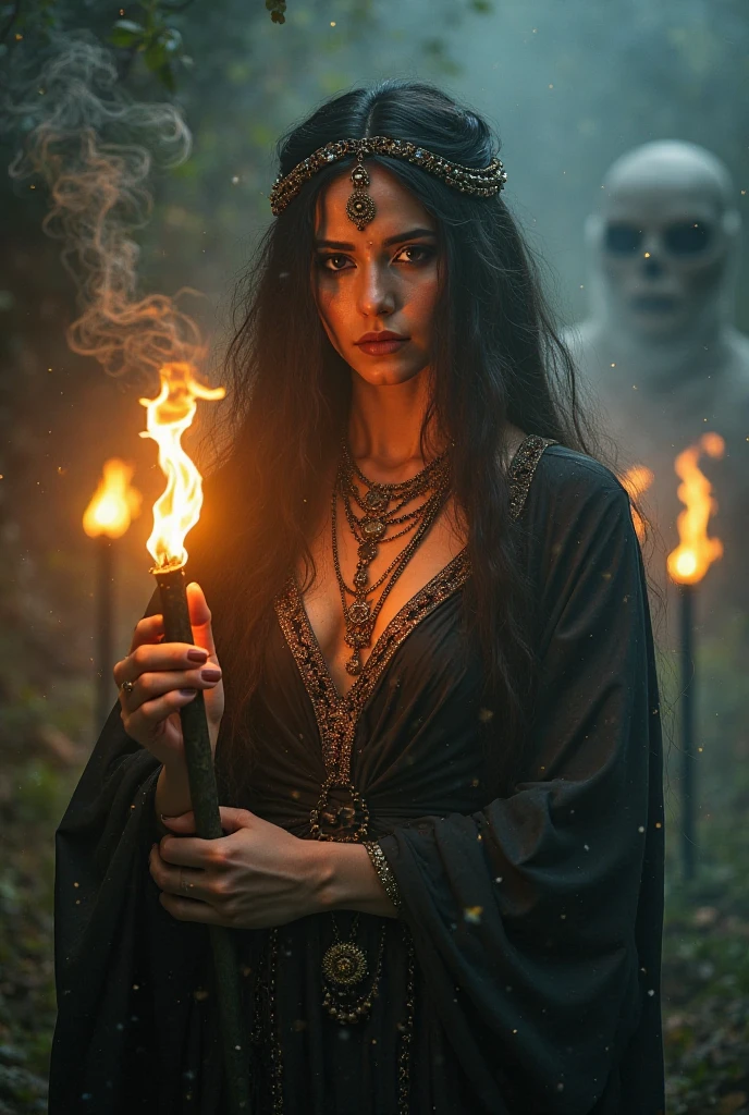 Create an image featuring a surreal and dark fantasy scene with a large skull-like structure with flowing, web-like textures emanating from it, a frightened woman’s face. Include a decrepit stone archway to the right and fiery orange accents throughout the scene. Birds should be flying around, adding movement to the composition