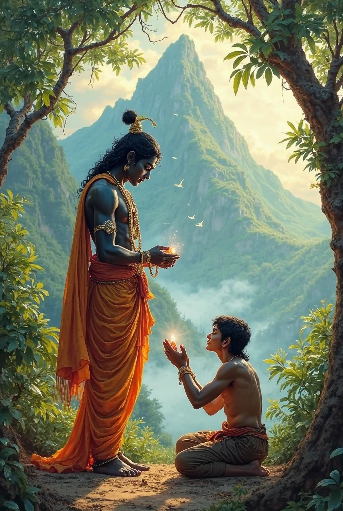 Create a high quality picture depicting Hanuman, the Hindu deity, standing on a rock with a radiant golden halo behind him. Hanuman should be portrayed with a muscular physique, wearing traditional attire and ornaments. A boy follower, dressed in orange robes Name Armaan , is kneeling and praying in front of him, receiving Hanuman's blessing. The background should feature a serene, mountainous landscape with soft clouds and a warm, ethereal light illuminating the scene.