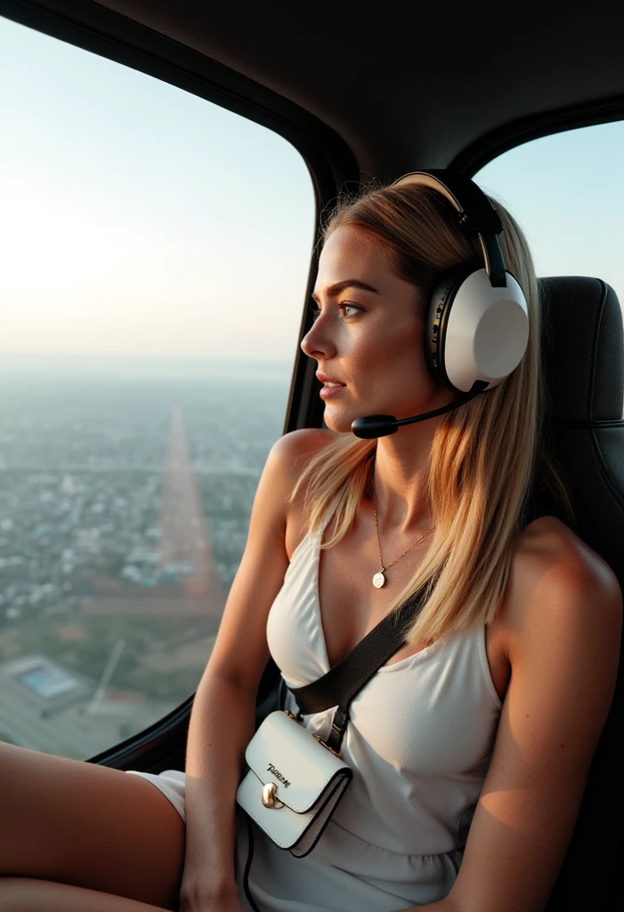 Arafed woman in a helicopter with a white bag and headphones, helicopter view, helicopter view, sitting on a crane, looking seductive, Photo taken in 2020, Beautiful views, helicopters and tremendous birds, Beautiful lady , in the air, beautiful girl pilot, volando in the air, beautiful woman, beautiful woman, beautiful woman, Jacqueline E