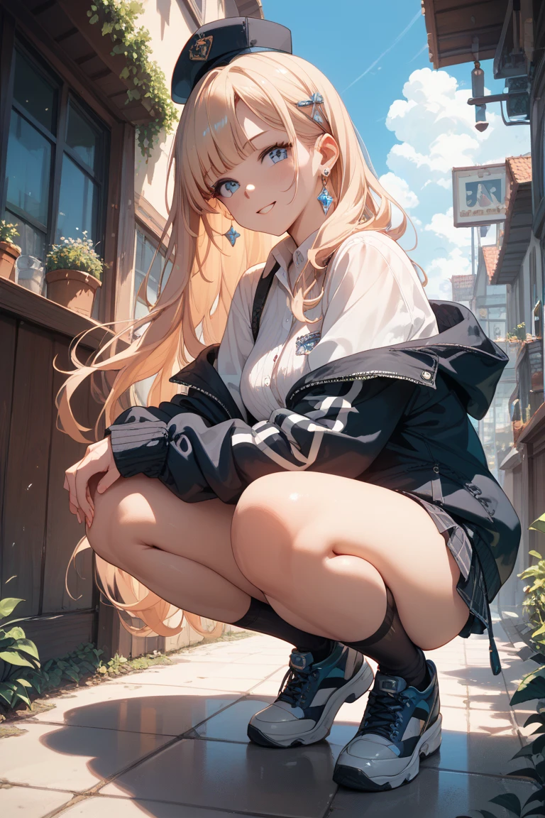 A girl sitting in short skirt in squat pose and her pantie is fully visible