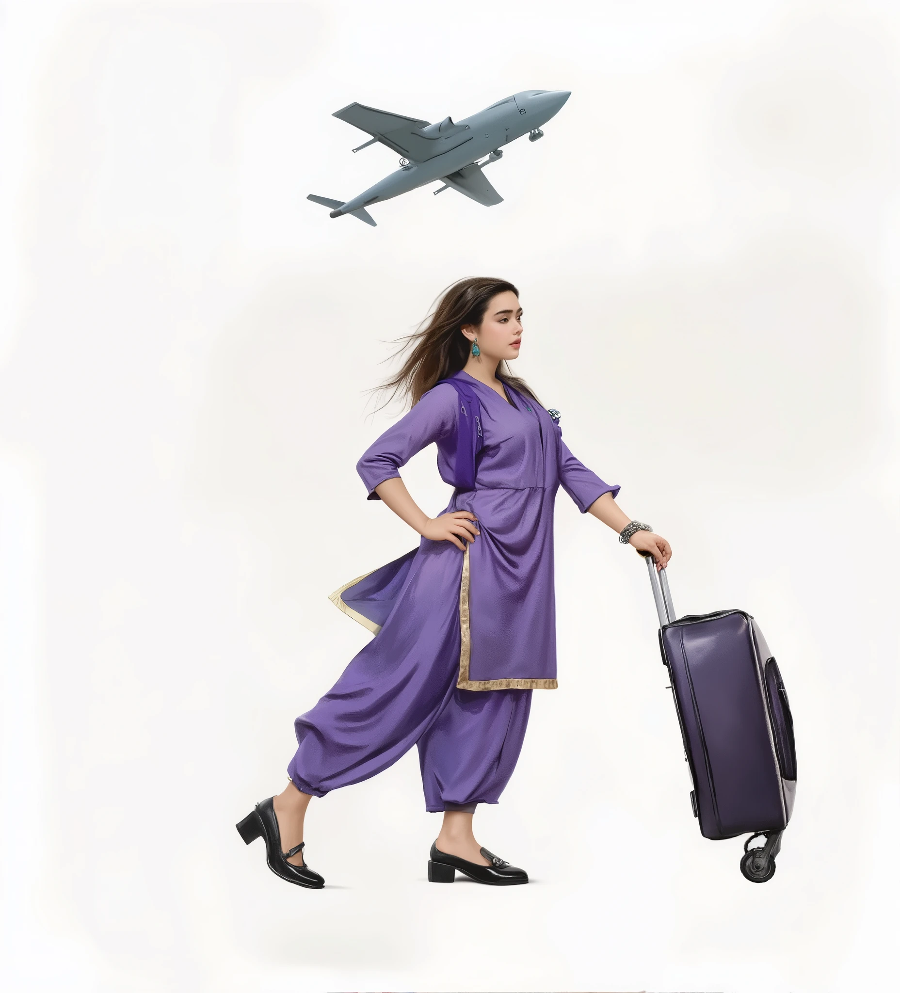 A Young Girl in Purple Shalwar Kameez Handling a Travel Briefcase Looking Confident towards her Journey, One hand on waist, One hand on Briefcase, Her Hair Blowing in the WIND, A bit Chubby BODY, PEAR Shape Body, Lookalike of JENNIFER CONNELLY Background showing Dubai Scenery and Landmarks in Diorama Style, Epic, Pin-Art Style, Illustration, Indian Beauty, 4k, HD, ArtWork