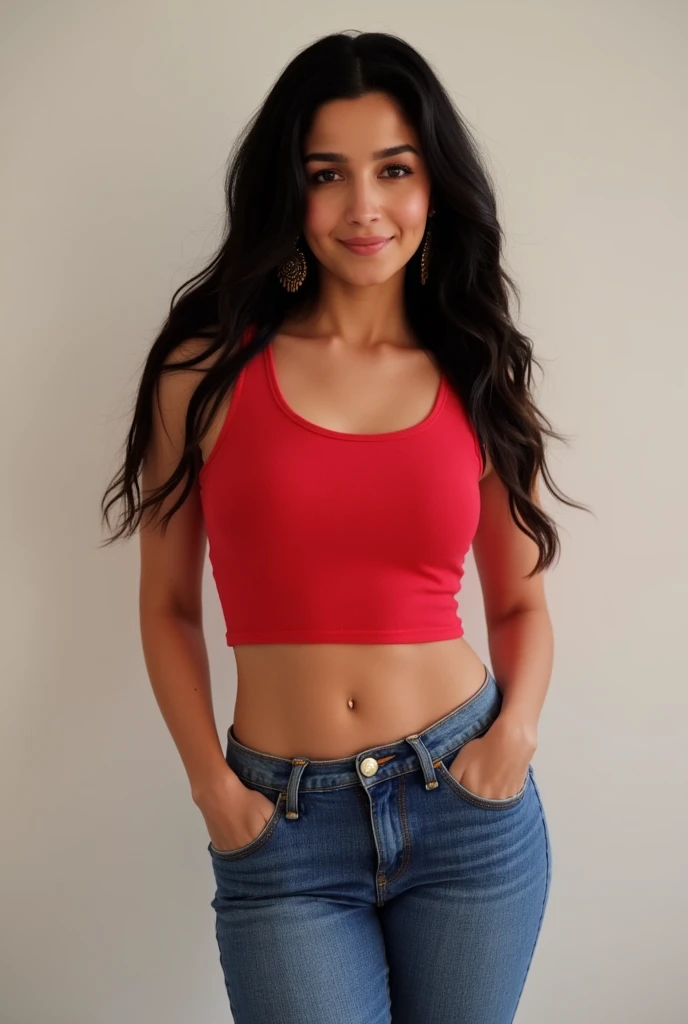 A 30 year old latina, short, diminutive, petite, long straight black hair, tan skin, fit, pretty, cute, wearing a red tshirt and jeans, midriff showing, entire body visible, full body, hyperrealistic, best quality, 8K, real human skin, masterpiece, extremely intricate, medium closeup, detailed eyes, detailed face, detailed body, exaggerated features, pronounced features