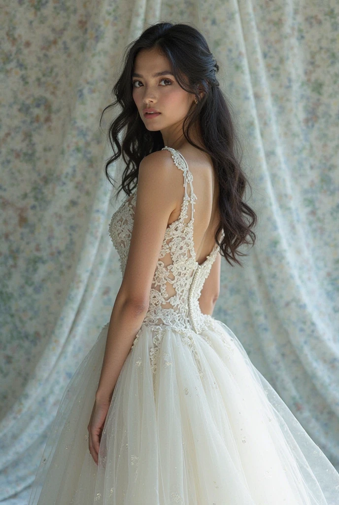 (best quality, high definition, masterpiece:1.2,), Illustration, night, 1girl, full body, (bkack & red wedding dress), arm behind back, waiting for kiss, looking at viewer, happy, blush,