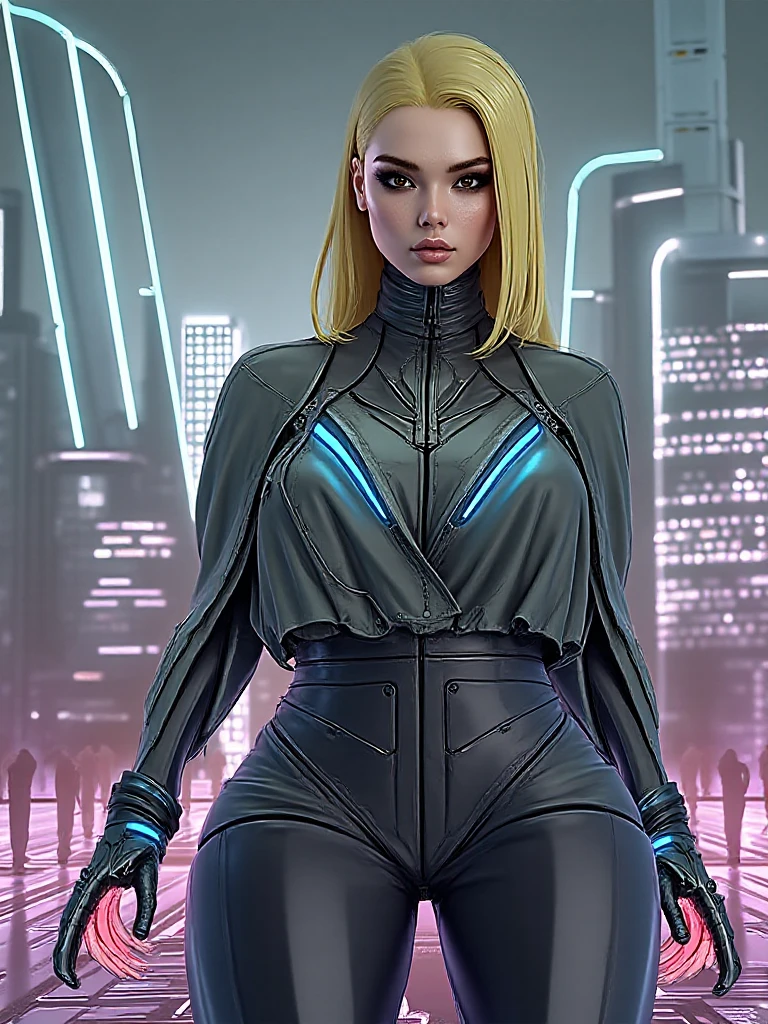 (best quality, 4k, 8k, high resolution, masterpiece: 1.2), ultra-detailed, (realistic, photorealistic, photorealistic: 1.37) (3d art) strong woman defined body, cybernetic holographic yellow hooded shirt, free shoulders, free belly, yellow leggings with cybernetic cables and wires, (cinematic frame), bright flaming eyes, tattoo all over the body, white hair, (top-down perspective frame showing the ground) rainy environment, futuristic background, buildings with LEDs and businesses, bright signs, busy city, alien city full of alien beings,
